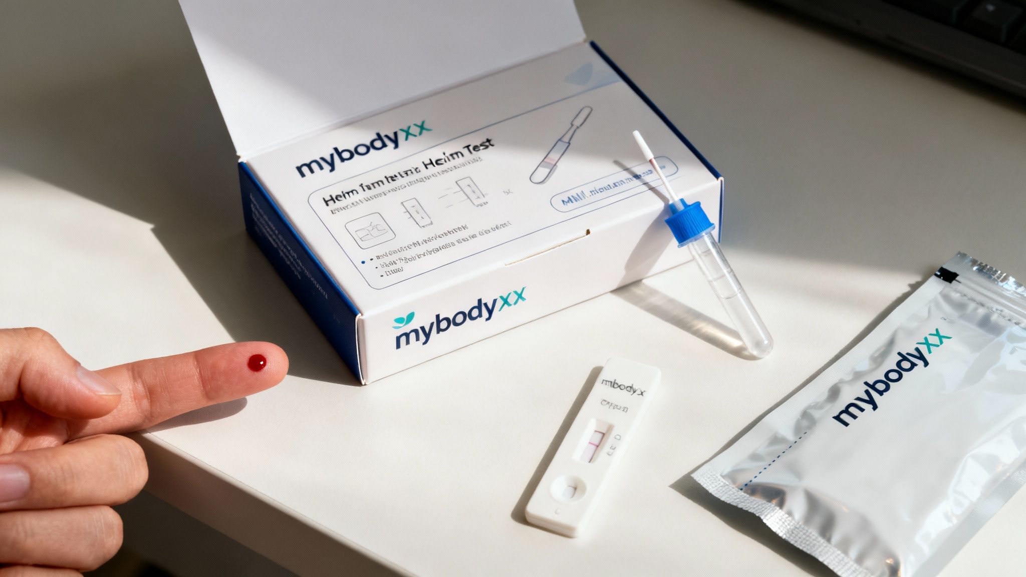 Ein Finger mit einem Blutstropfen neben einem mybodyxx Heimtest-Kit und Testmaterial auf einem Tisch.