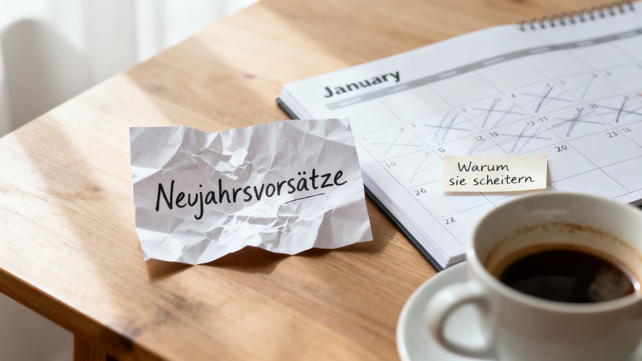 Zerknülltes Papier mit 'Neujahrsvorsätze', Kalender mit durchgestrichenen Tagen und Notiz 'Warum sie scheitern' neben einer Kaffeetasse.