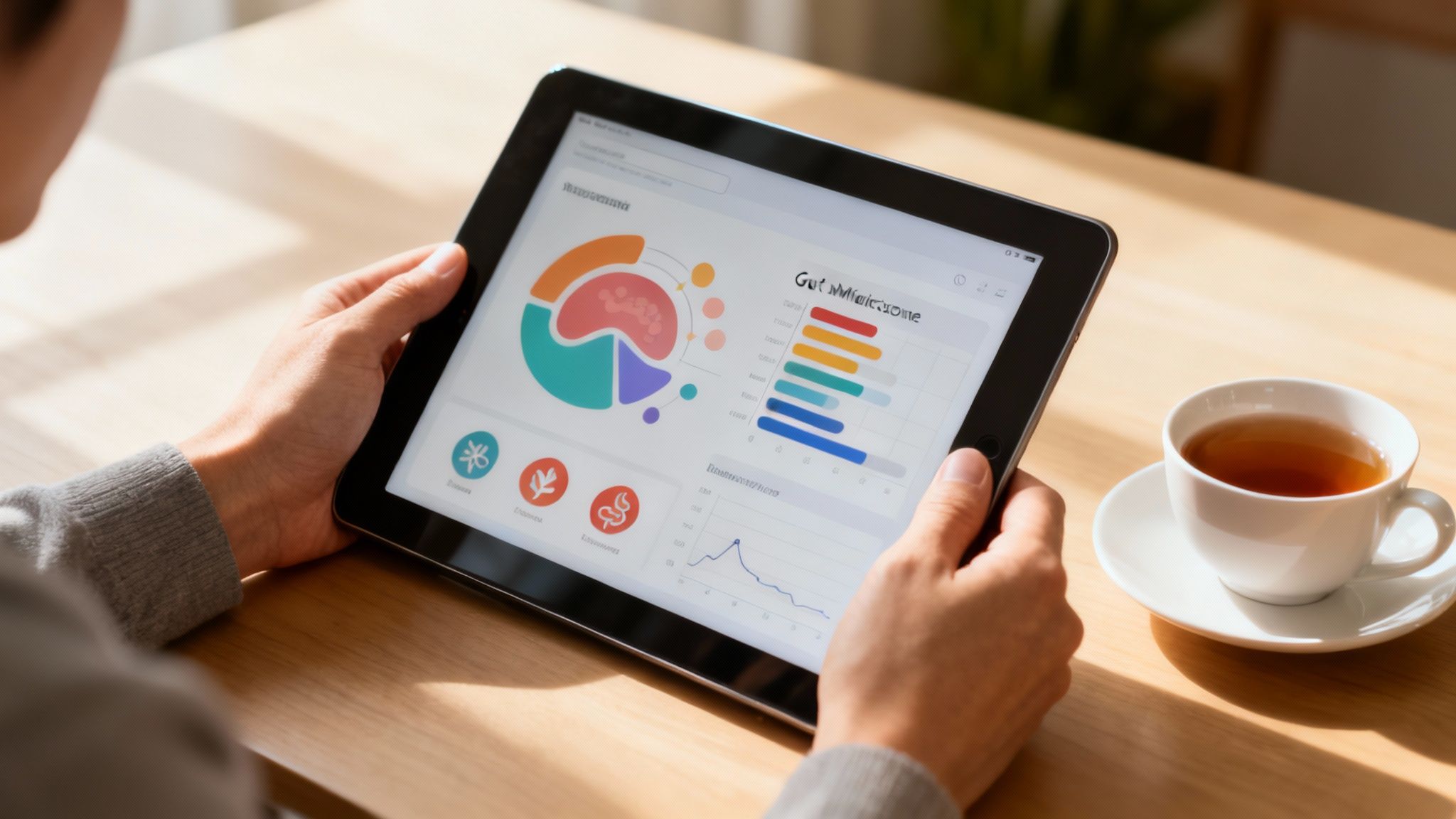 Una persona tiene in mano un tablet con grafici di dati, tra cui grafici a torta, a barre e a linee, accanto a una tazza di tè.