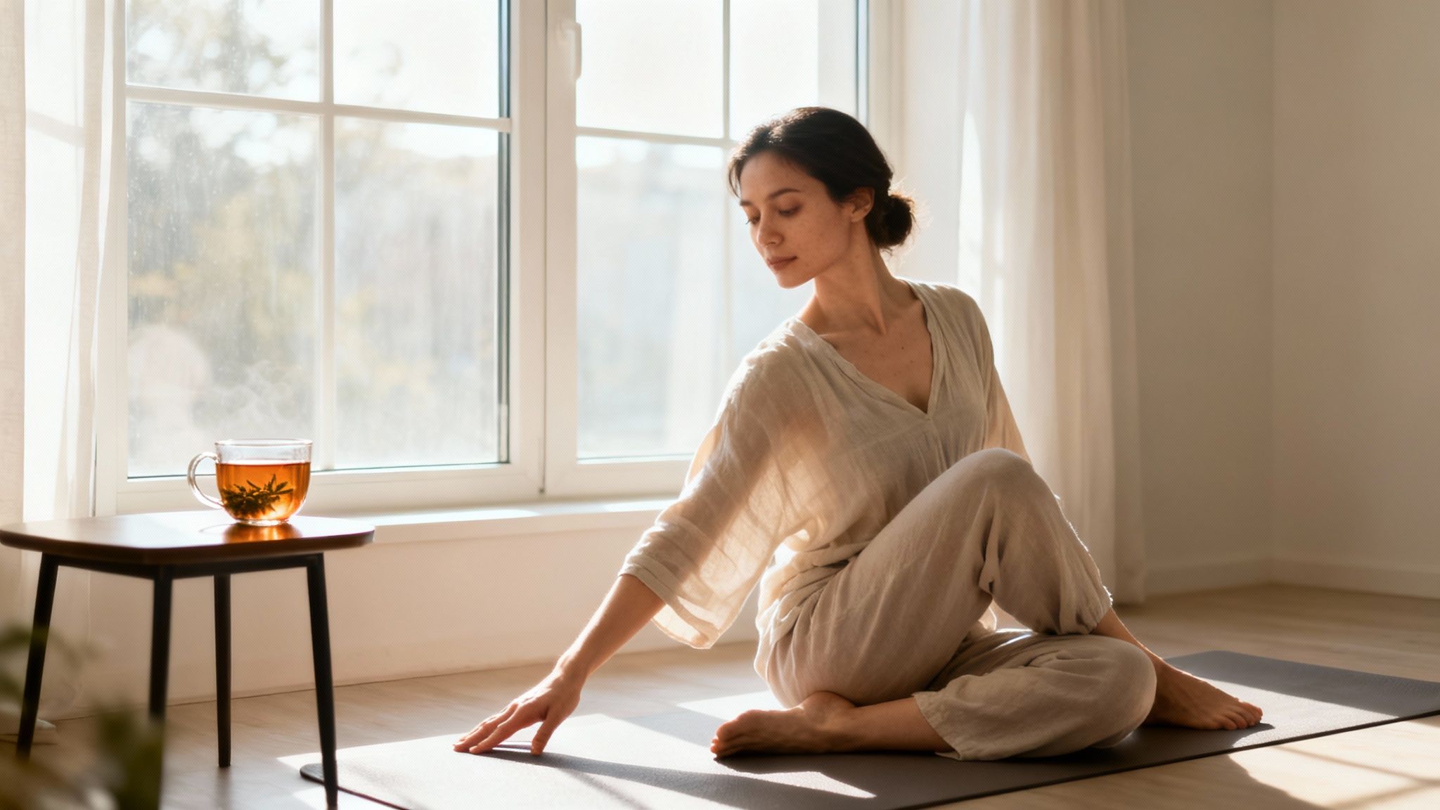 Una donna sta praticando yoga su un tappetino vicino alla finestra, con una tazza di tè su un tavolino.