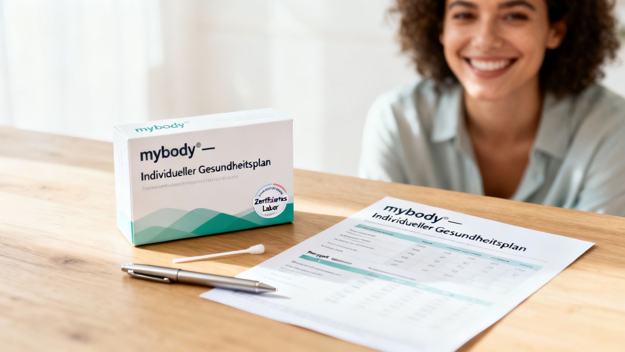 Eine junge Frau lächelt glücklich mit ihrem mybody® Individueller Gesundheitsplan Kit und Ergebnisdokument auf einem Holztisch.