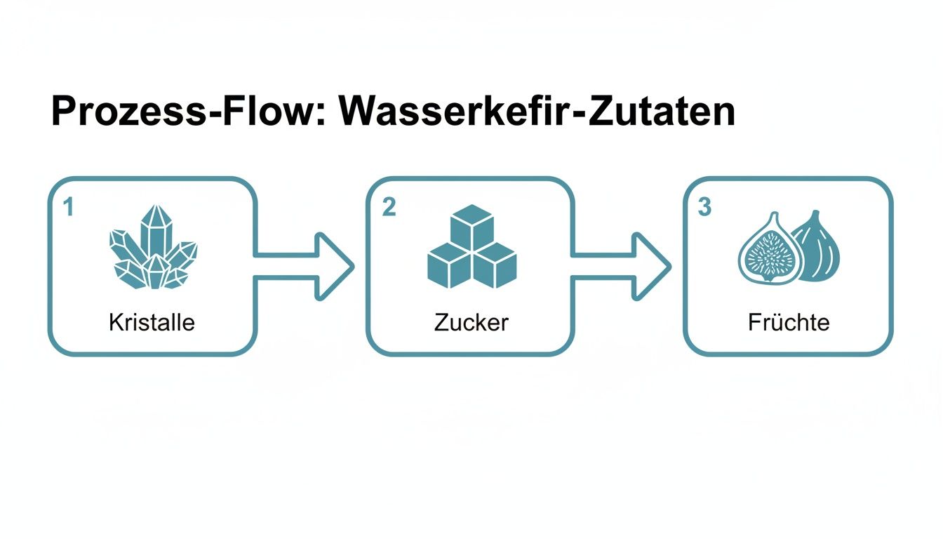 Een processtroomschema toont de waterkefir-ingrediënten: kristallen, suiker en vruchten in een volgorde.
