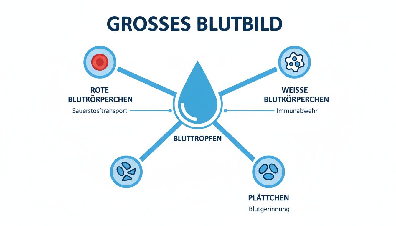 Ein Diagramm, das ein Großes Blutbild mit roten und weißen Blutkörperchen sowie Blutplättchen und deren Funktionen darstellt.