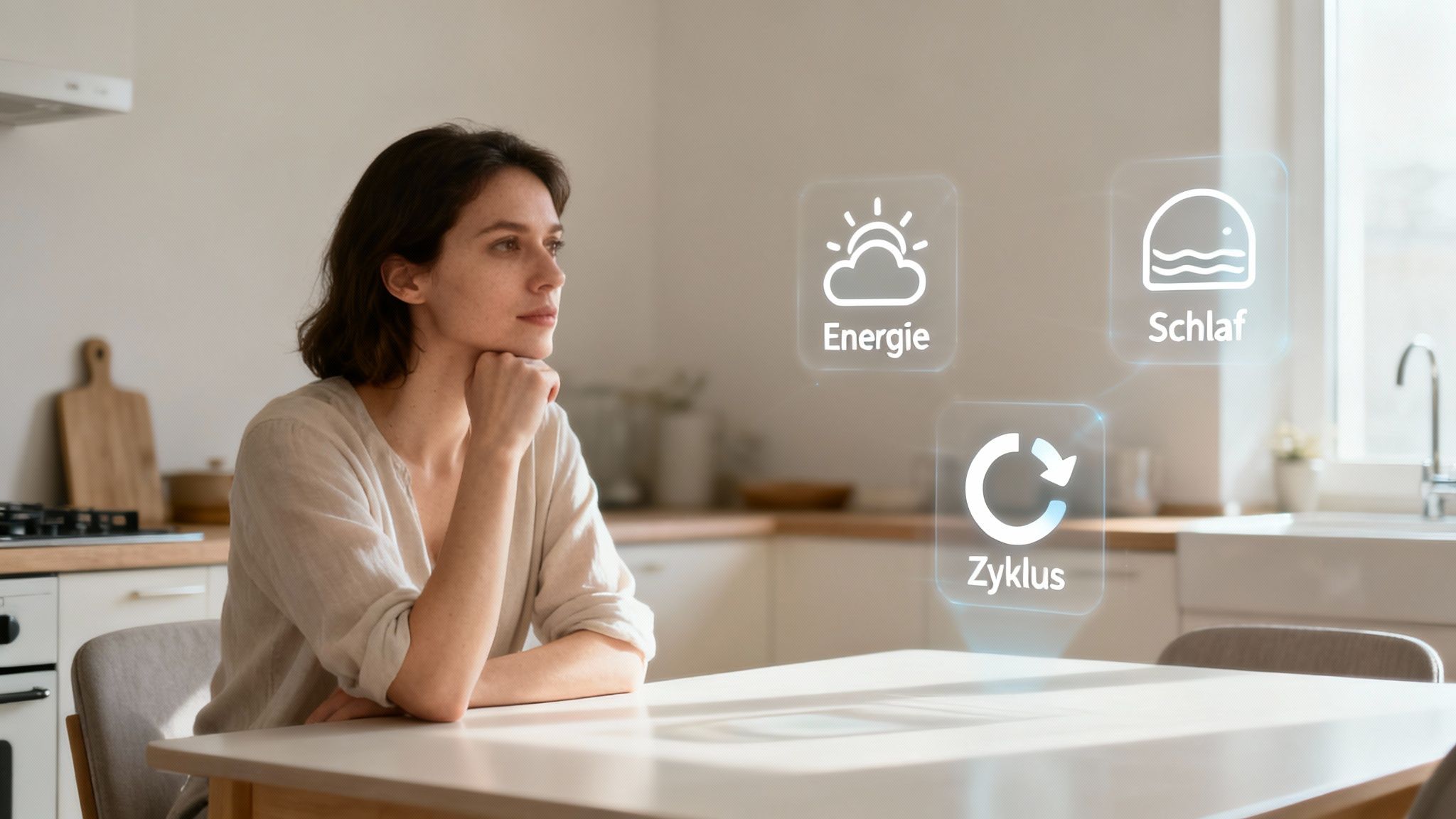 Eine Frau sitzt in einer Küche und betrachtet holografische Symbole für Energie, Schlaf und Zyklus.