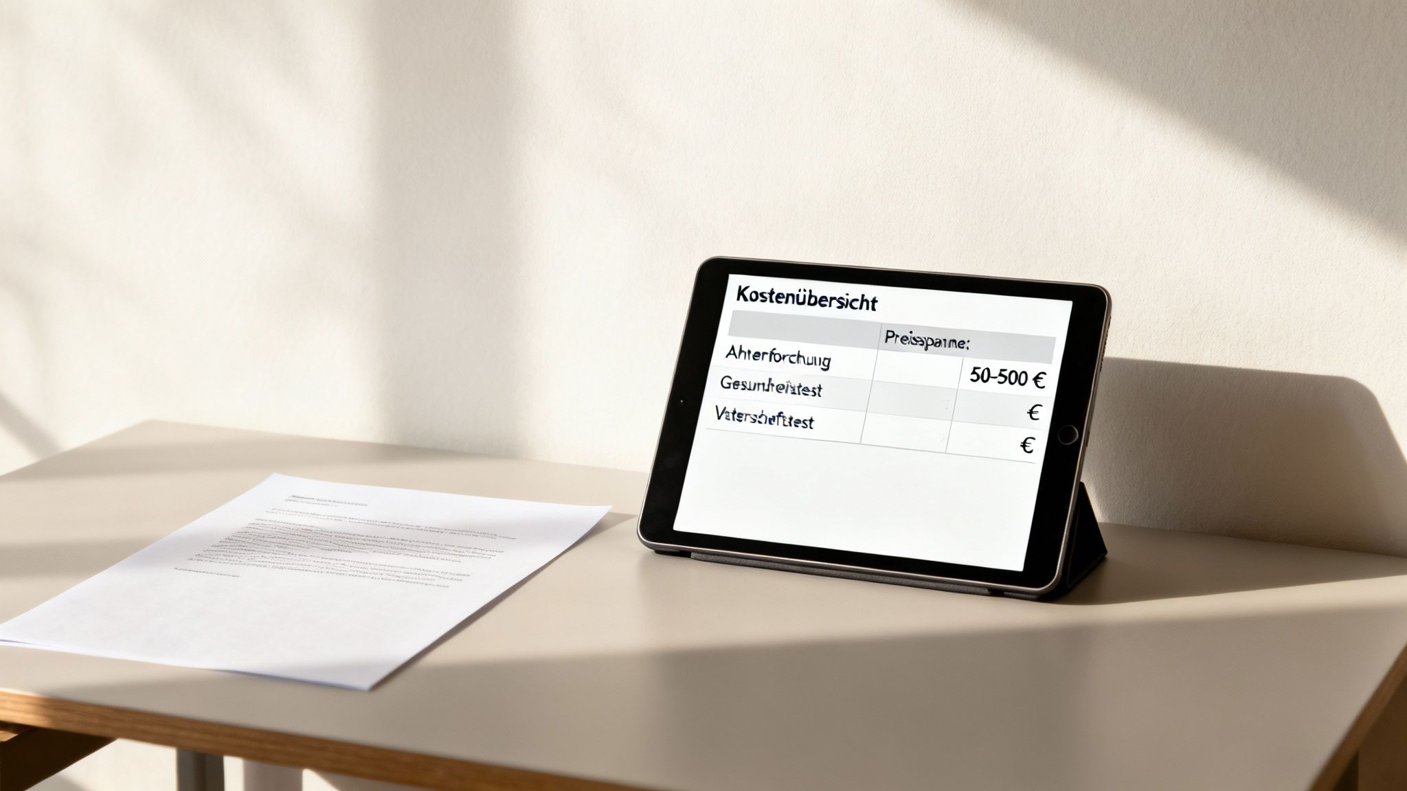 Tablet mit Kostenübersicht für Ahnen-, Gesundheits- und Vaterschaftstest, daneben ein Dokument auf dem Tisch.