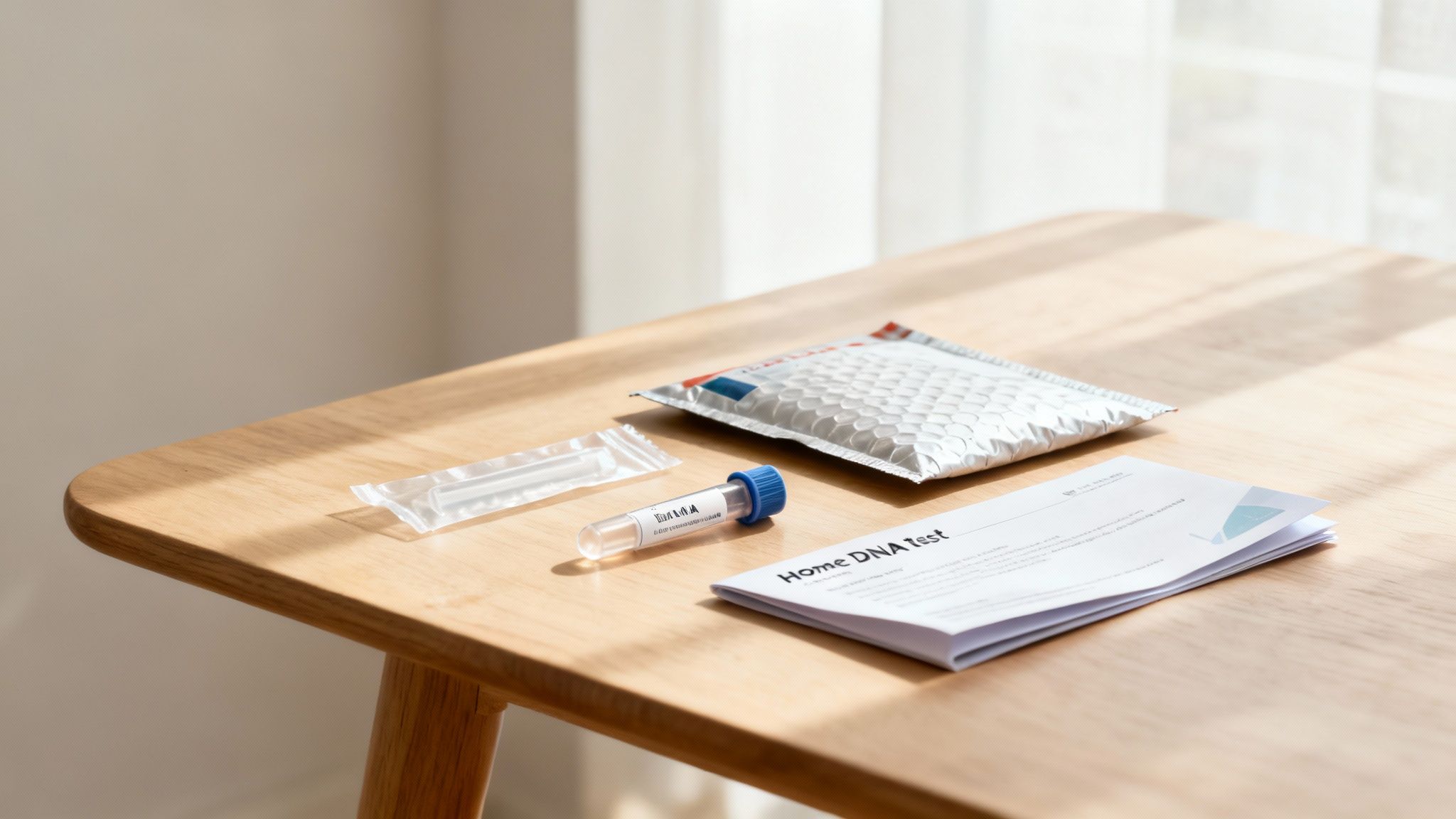 Ein DNA-Testkit für zu Hause liegt auf einem Holztisch, bestehend aus einem Tupfer, Probenröhrchen, Anleitung und einem Umschlag.
