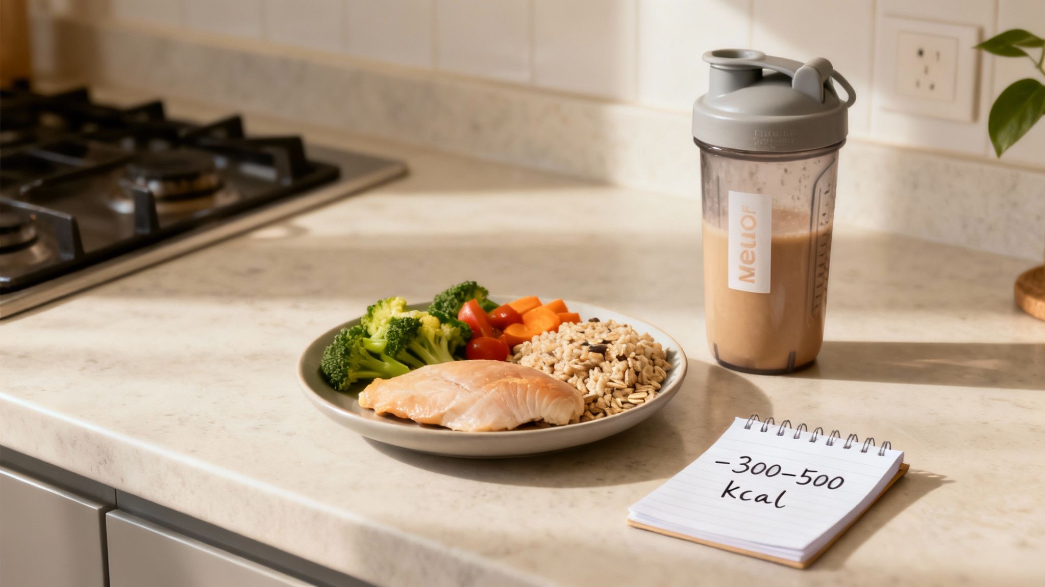 Gesunde Mahlzeit mit Lachs, Gemüse und Reis neben Proteinshake und Kaloriendefizit-Notiz auf Küchentheke