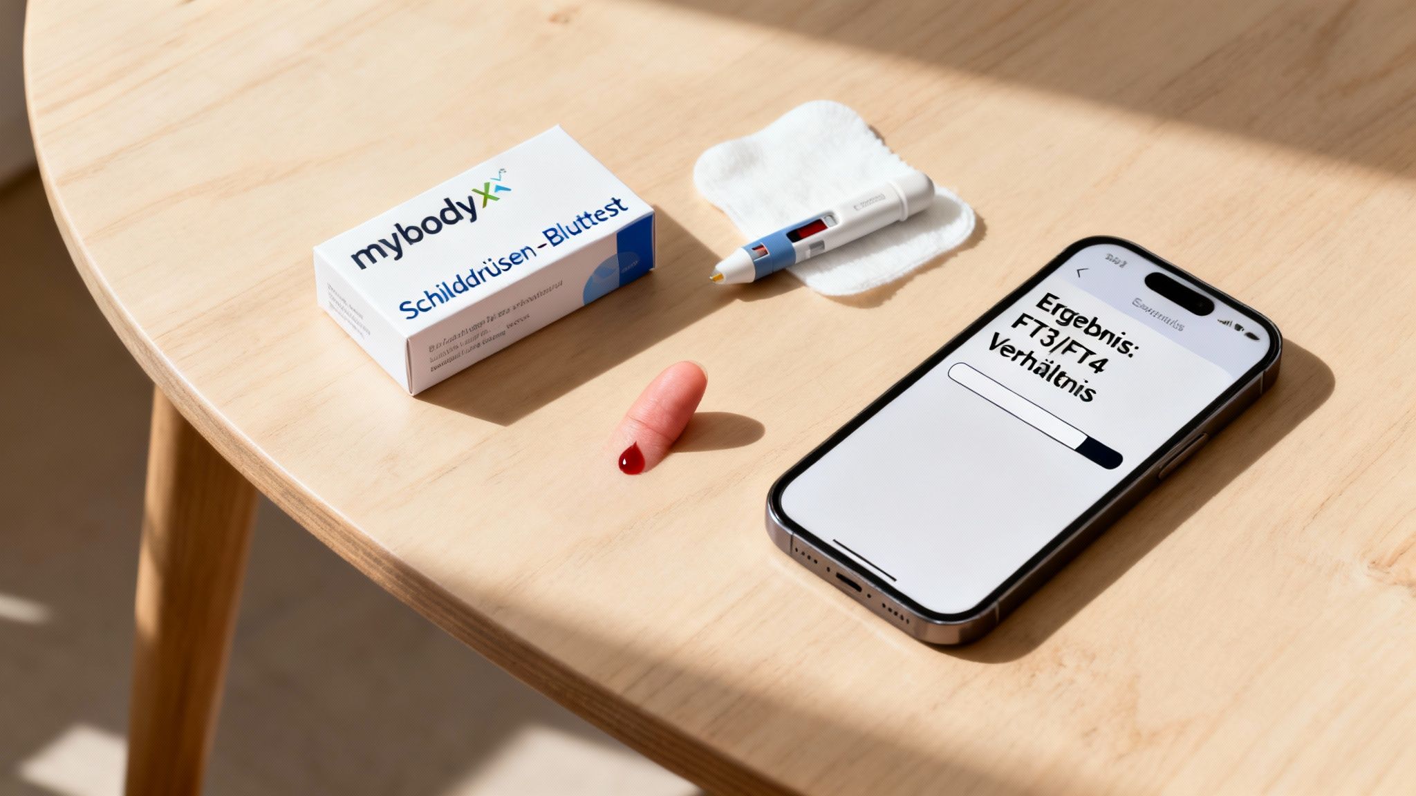 Ein Mybodyx Schilddrüsen-Bluttest-Set mit Fingerprick und Smartphone, das das FT3/FT4-Verhältnis anzeigt.