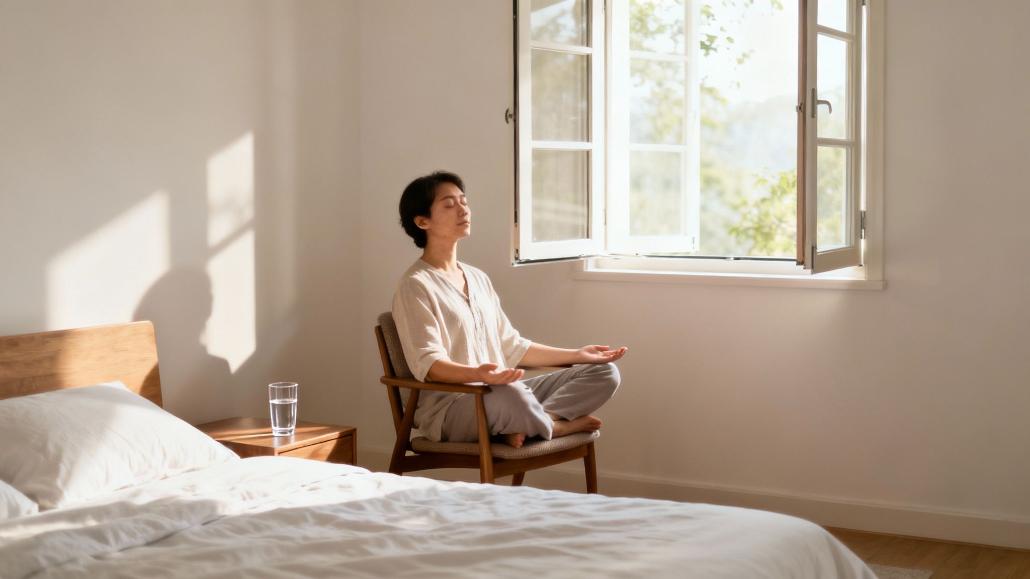 Eine Person meditiert entspannt auf einer Matte, um Stress abzubauen und den Stoffwechsel zu unterstützen
