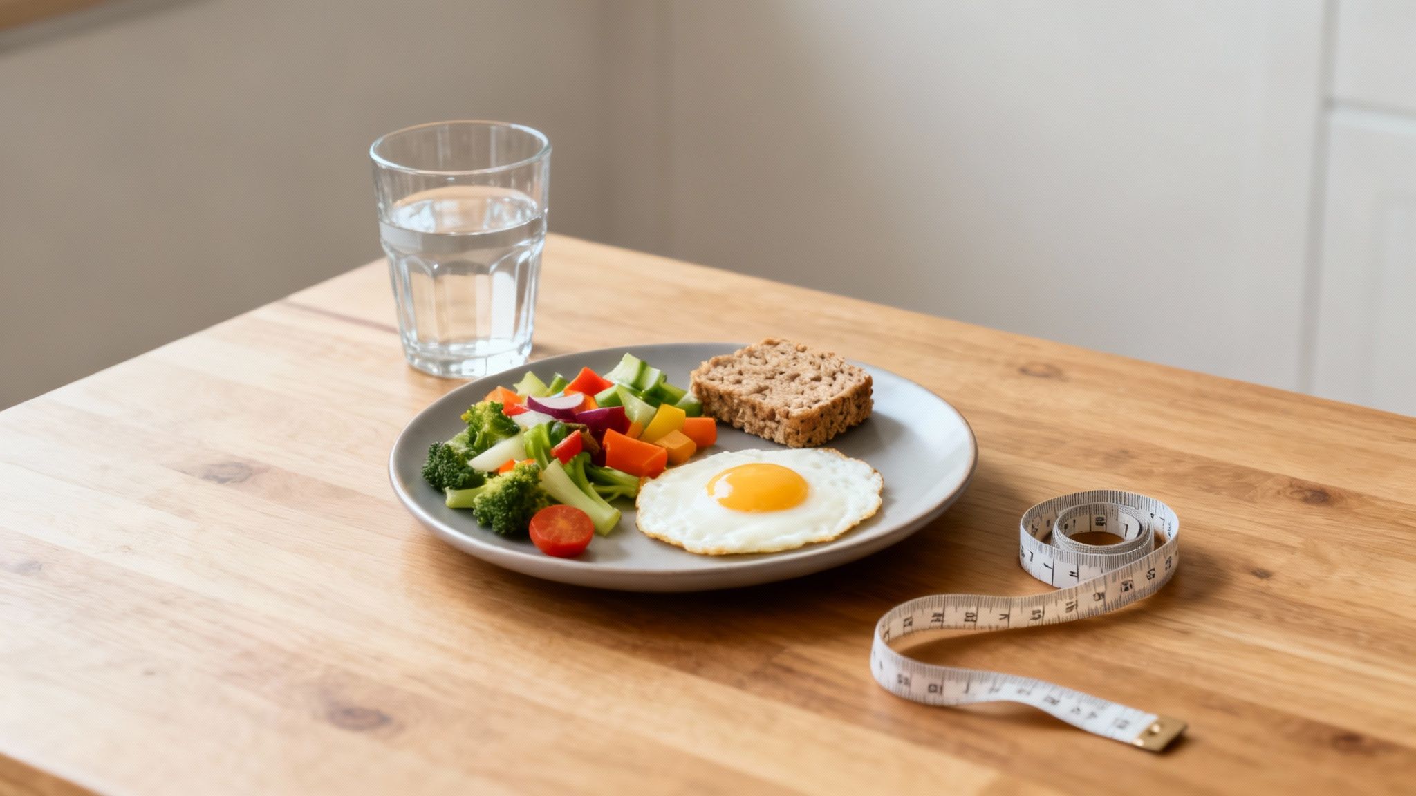 Gesundes Gemüse und Obst auf einem Holztisch, symbolisch für die entscheidende Rolle der Ernährung beim Abnehmen