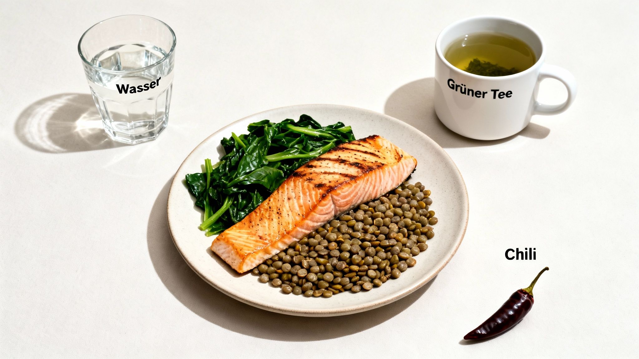 Eine ausgewogene Mahlzeit mit gegrilltem Lachs, Spinat, Linsen, einem Glas Wasser, grünem Tee und Chili.