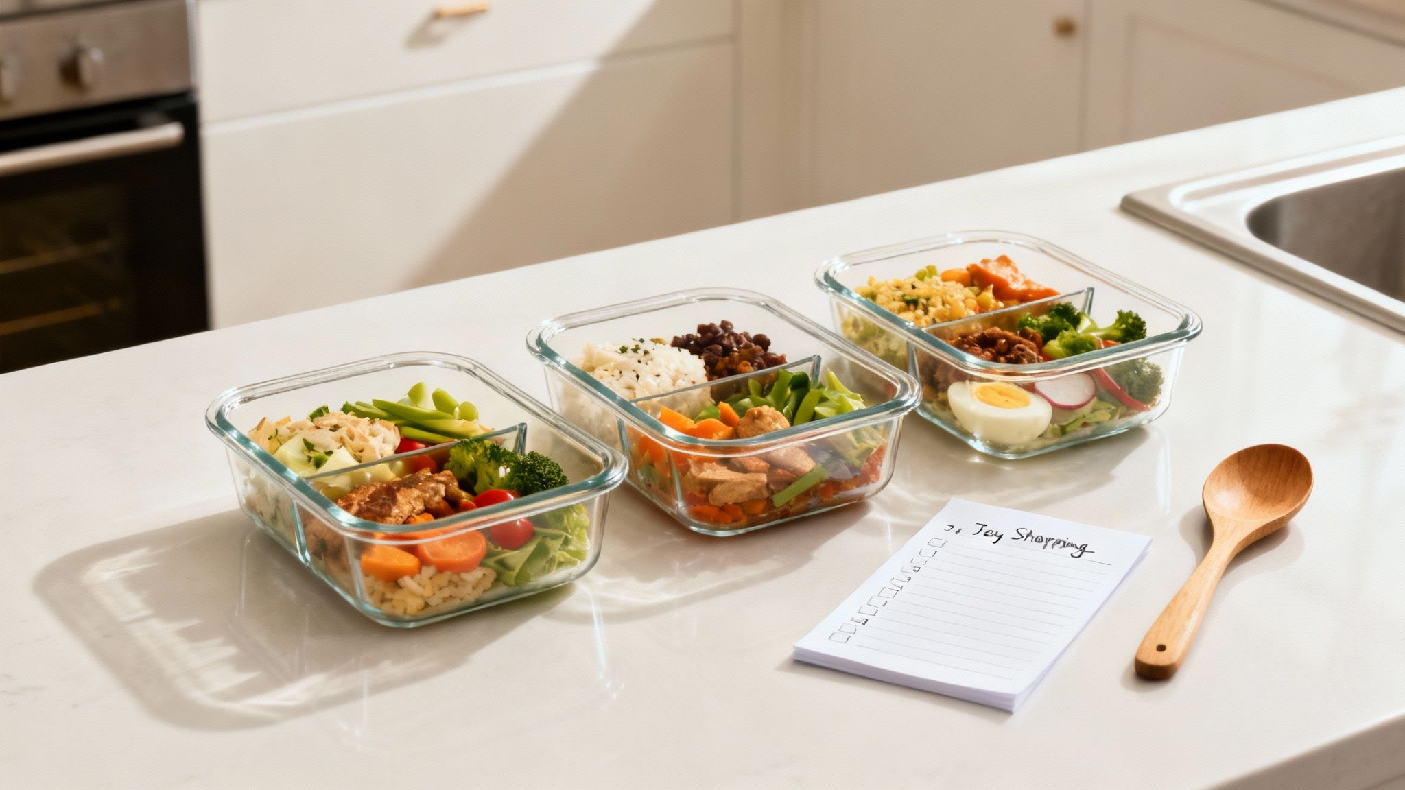 Eine Person bereitet in einer hellen Küche eine bunte Bowl mit frischem Gemüse vor.