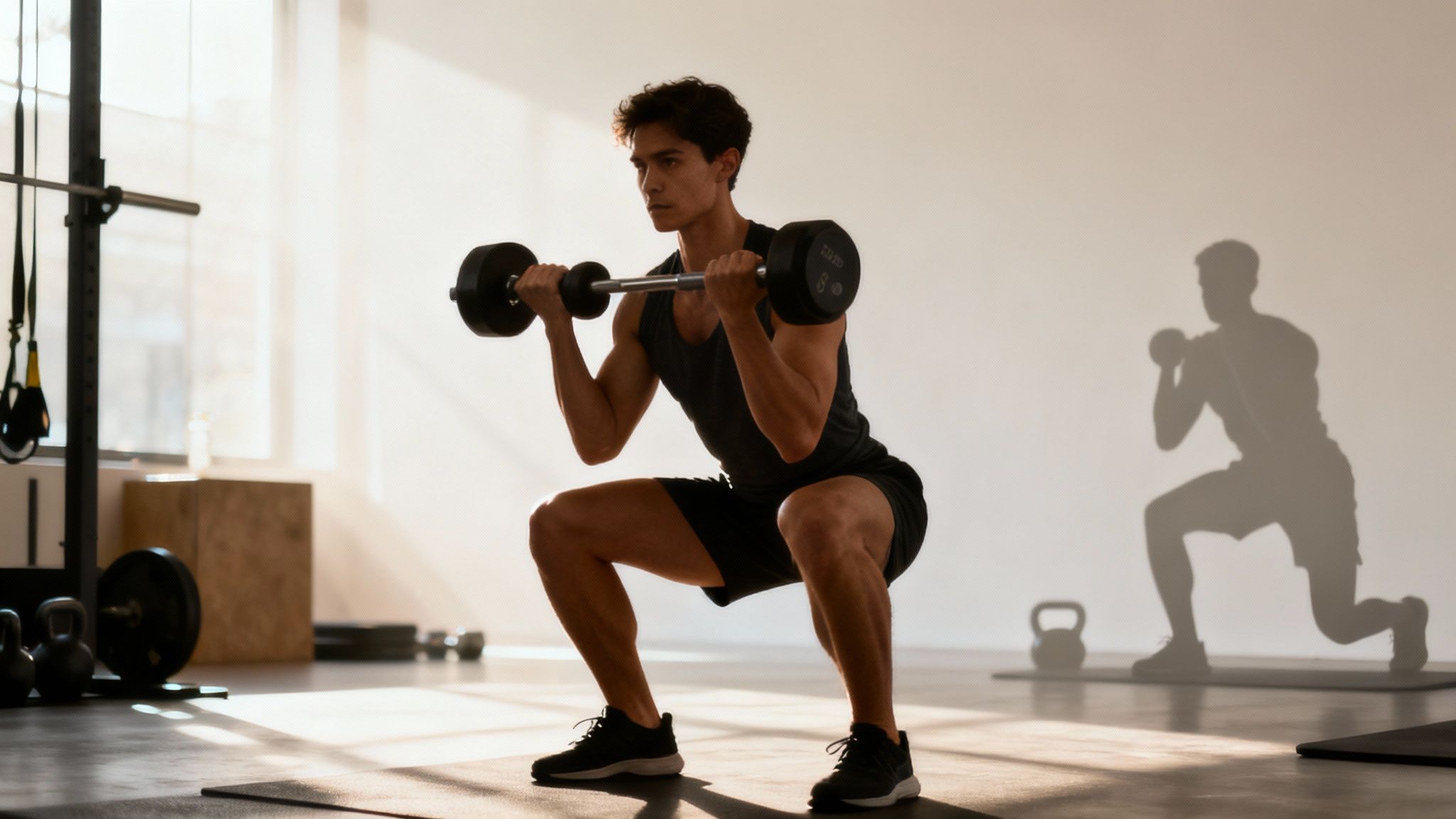 Eine Frau macht Kniebeugen mit einer Langhantel in einem Fitnessstudio, um ihren Fettstoffwechsel durch Krafttraining anzukurbeln.