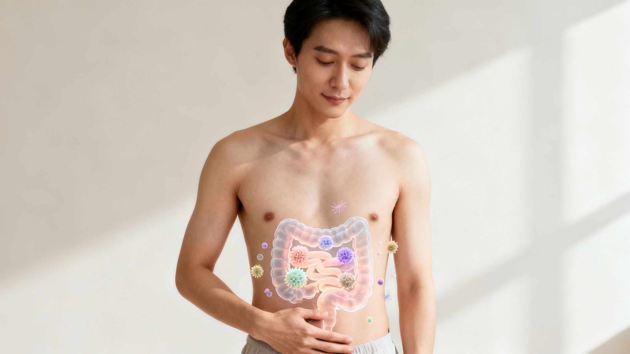 Junger Mann zeigt seine Darmgesundheit mit überlagerten Mikroben und Verdauungsorganen.
