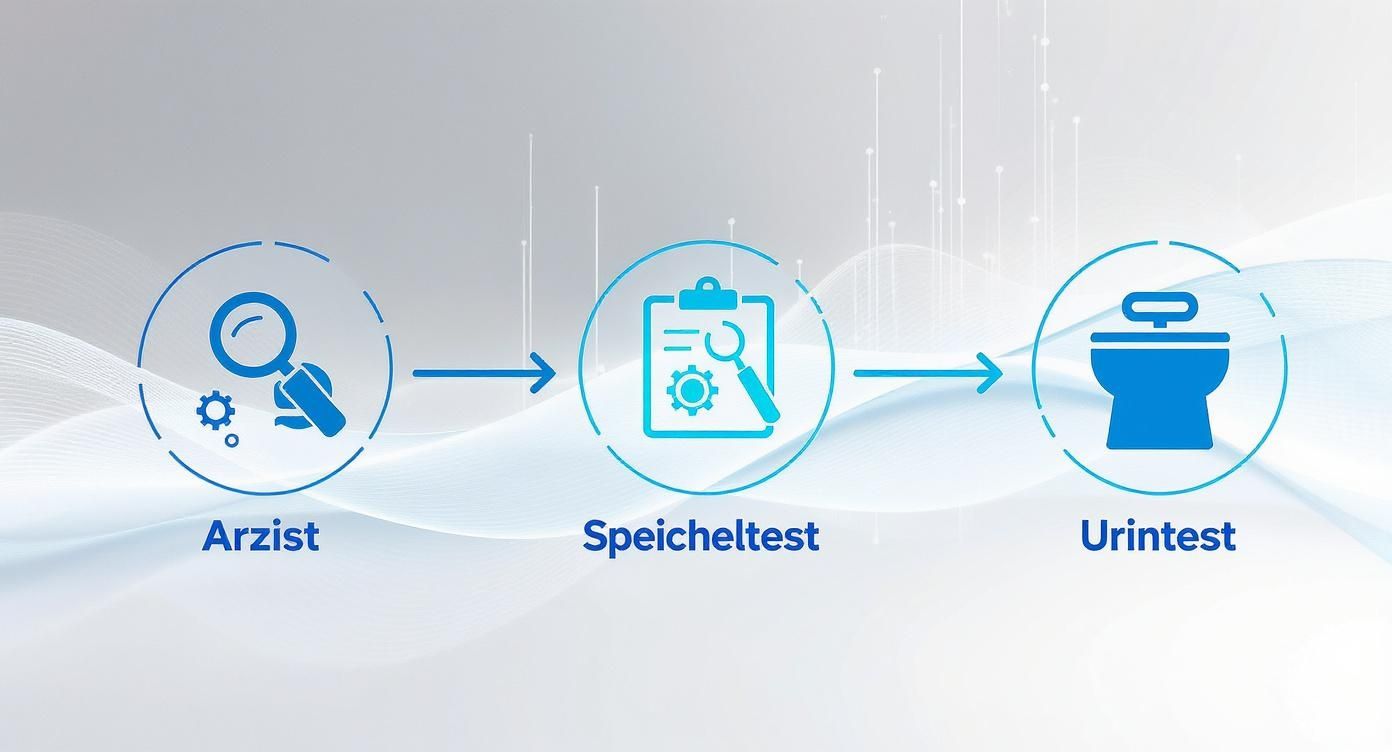 Diagramm zeigt den Ablauf medizinischer Tests: vom Arzt über Speicheltest bis zum Urintest.