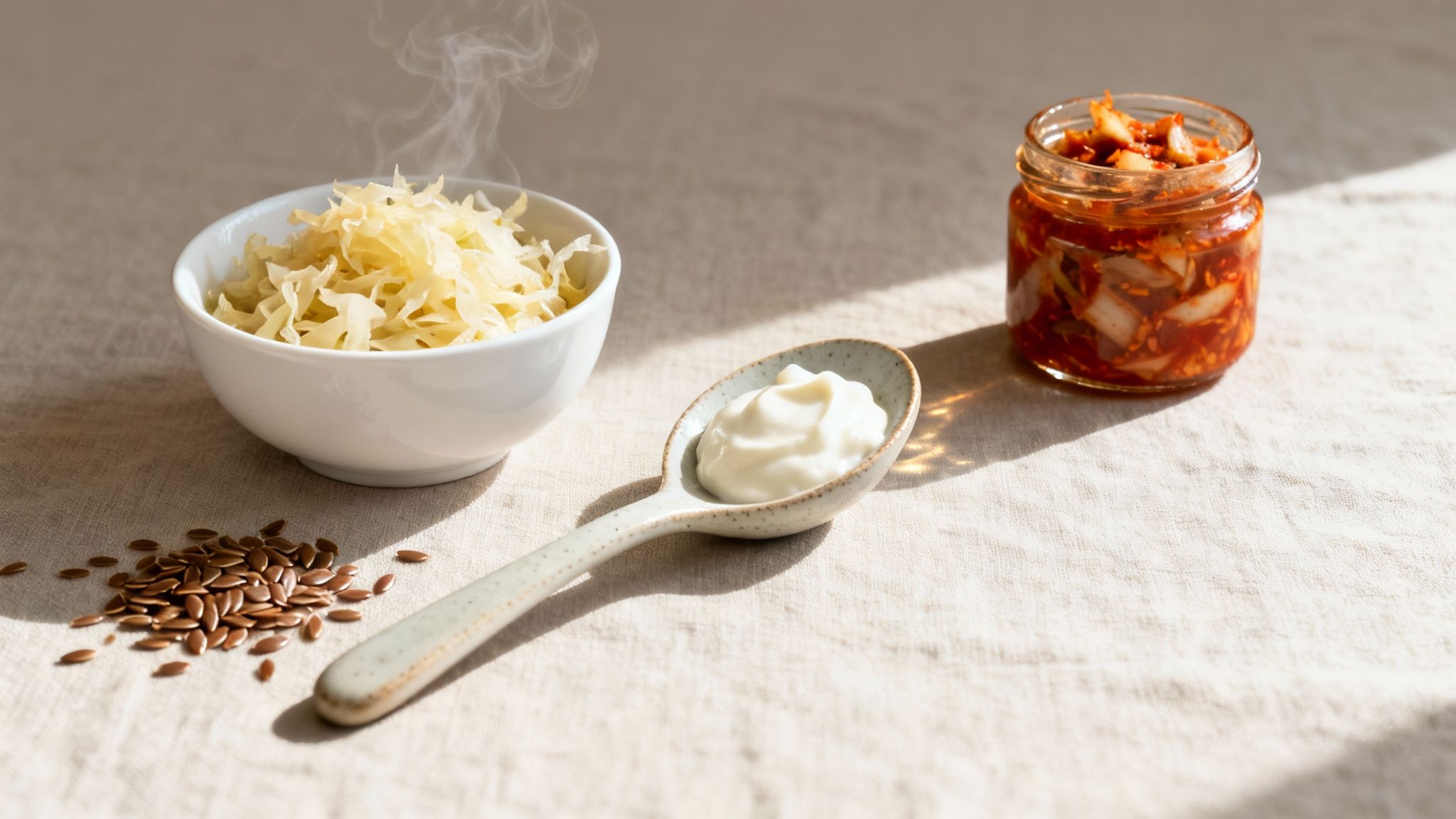 Eine Schüssel Sauerkraut, ein Glas Kimchi, ein Löffel Joghurt und Leinsamen auf einem Tisch.