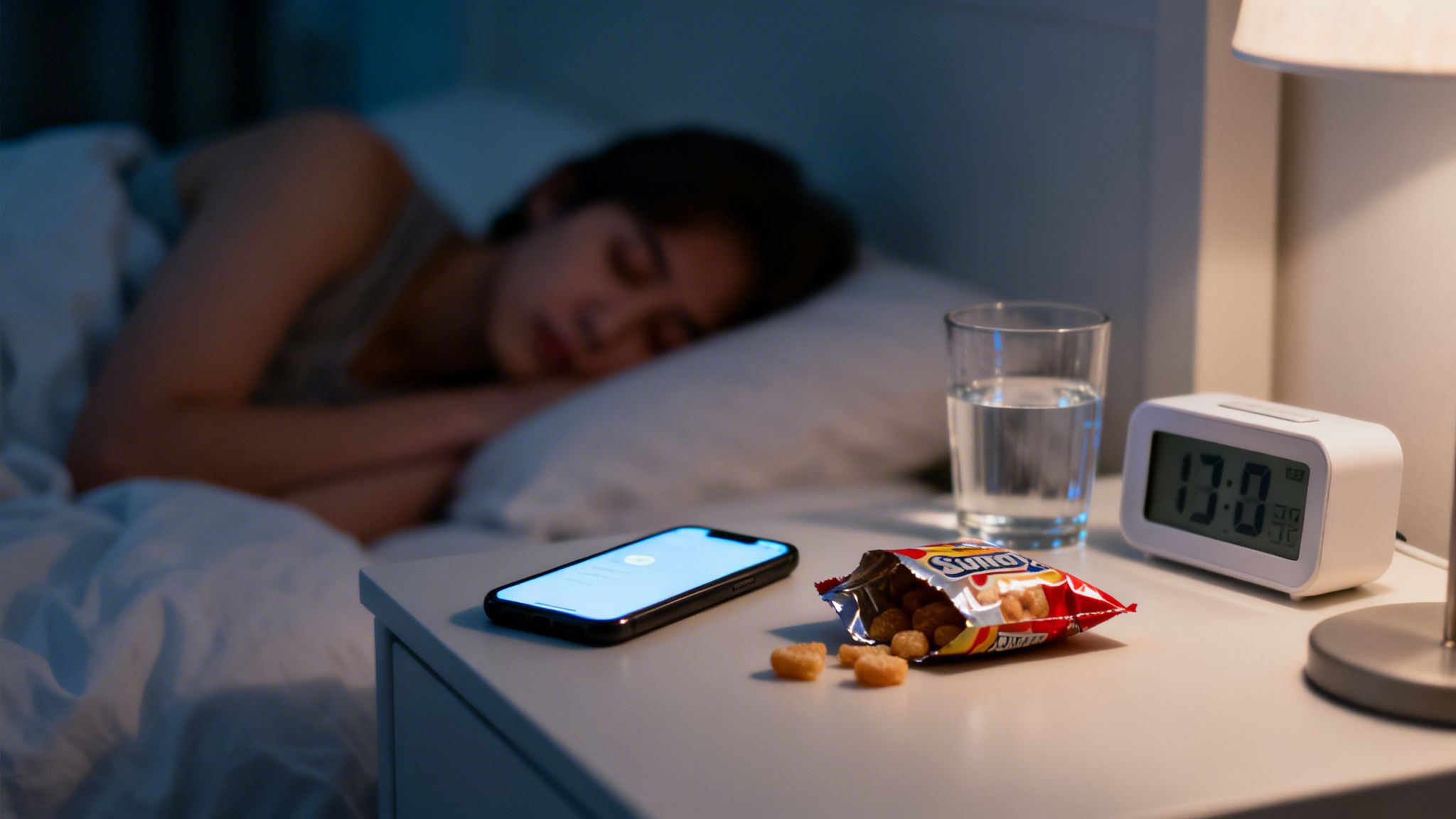 Una persona che dorme nel letto, accanto a lei un comodino con smartphone, snack, un bicchiere d'acqua e una sveglia digitale.