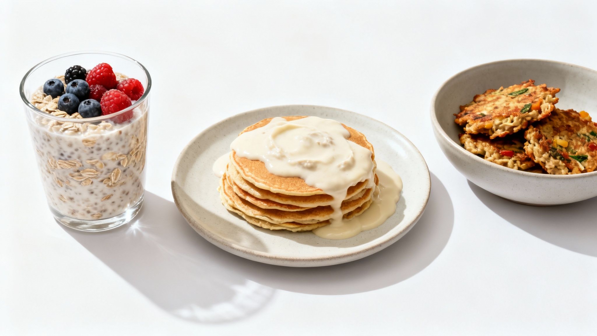 Eine kunstvoll angerichtete Schüssel mit Overnight Oats, garniert mit bunten Beeren, Nüssen und einem Spritzer Honig.