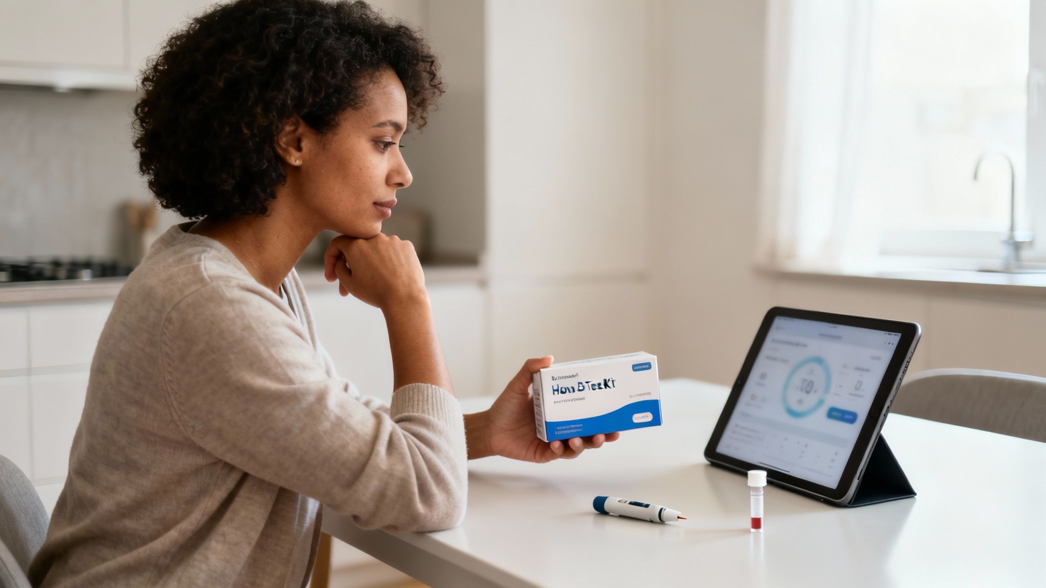 Eine Frau hält ein Heimtest-Kit und blickt auf ein Tablet mit Gesundheitsdaten.