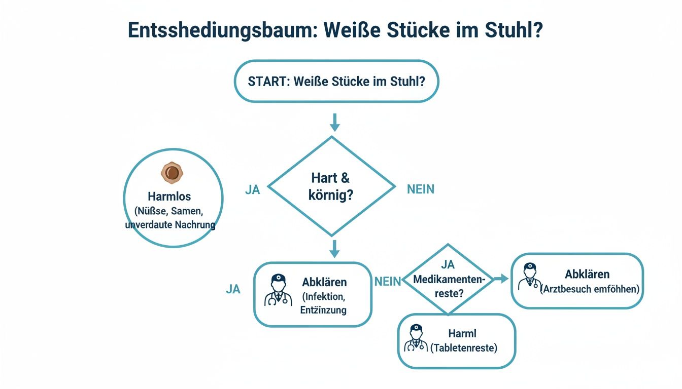 Entscheidungsbaum zur Ursachenfindung von weißen Stücken im Stuhl, von harmlos bis klärungsbedürftig.