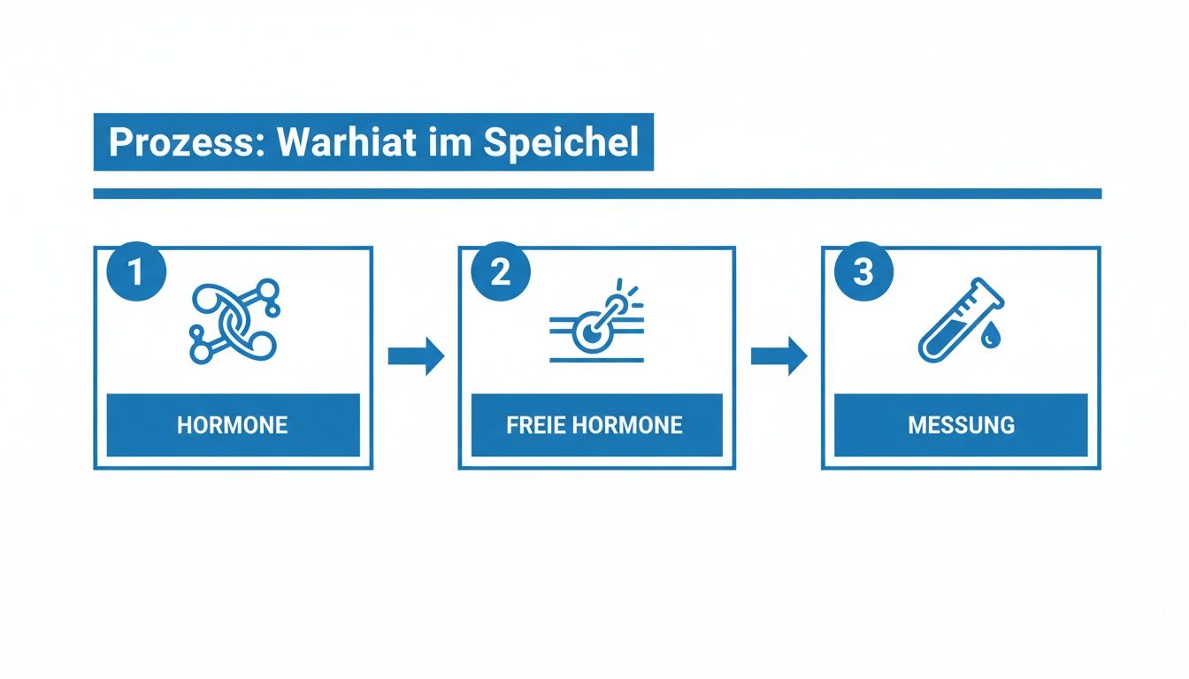 Prozessdiagramm zur Bestimmung freier Hormone im Speichel: Hormone, freie Hormone, Messung mit Reagenzglas.