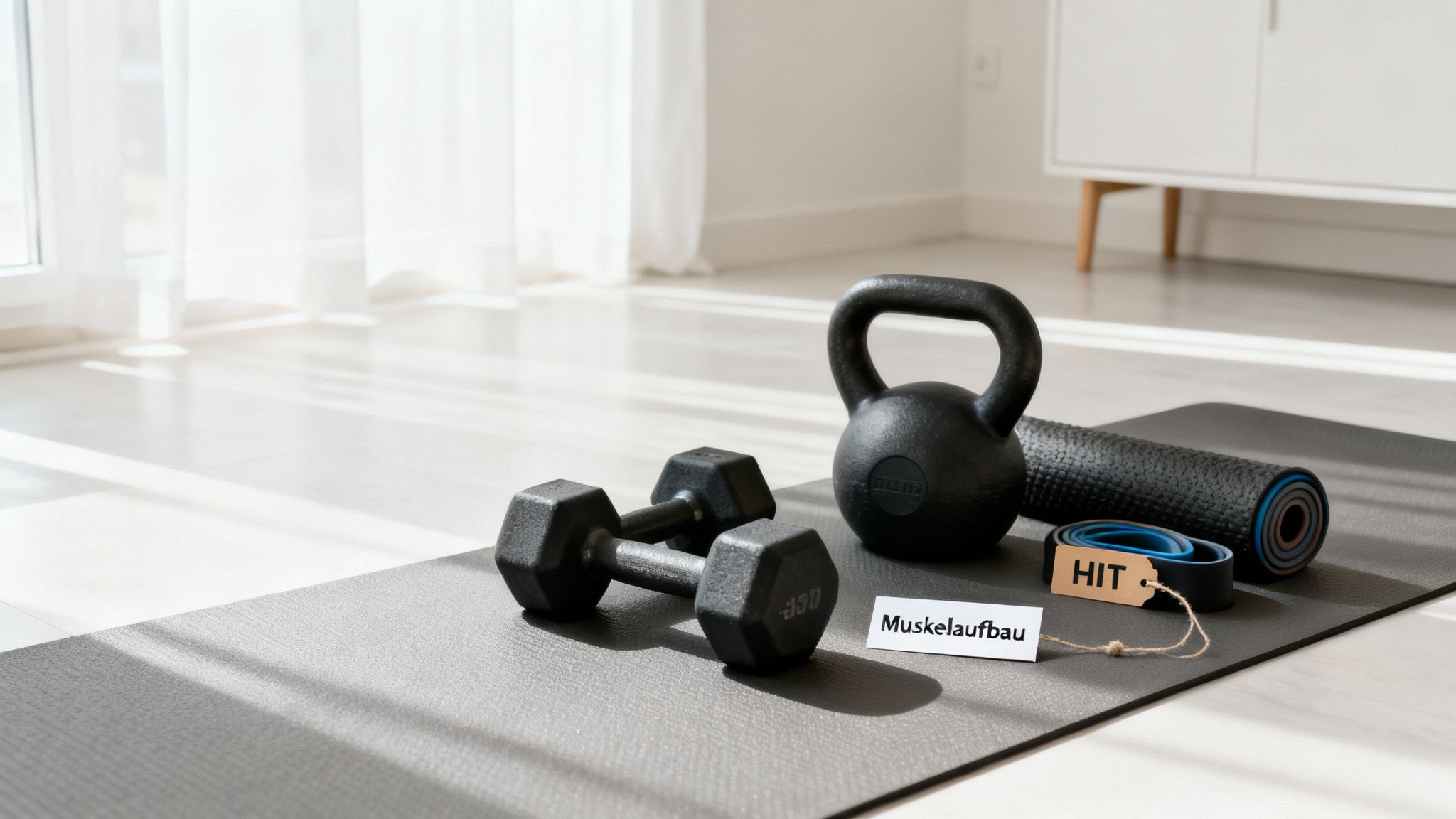 Fitnessausrüstung für Muskelaufbau und HIT-Training: Hanteln, Kettlebell, Yogamatte und Bänder.