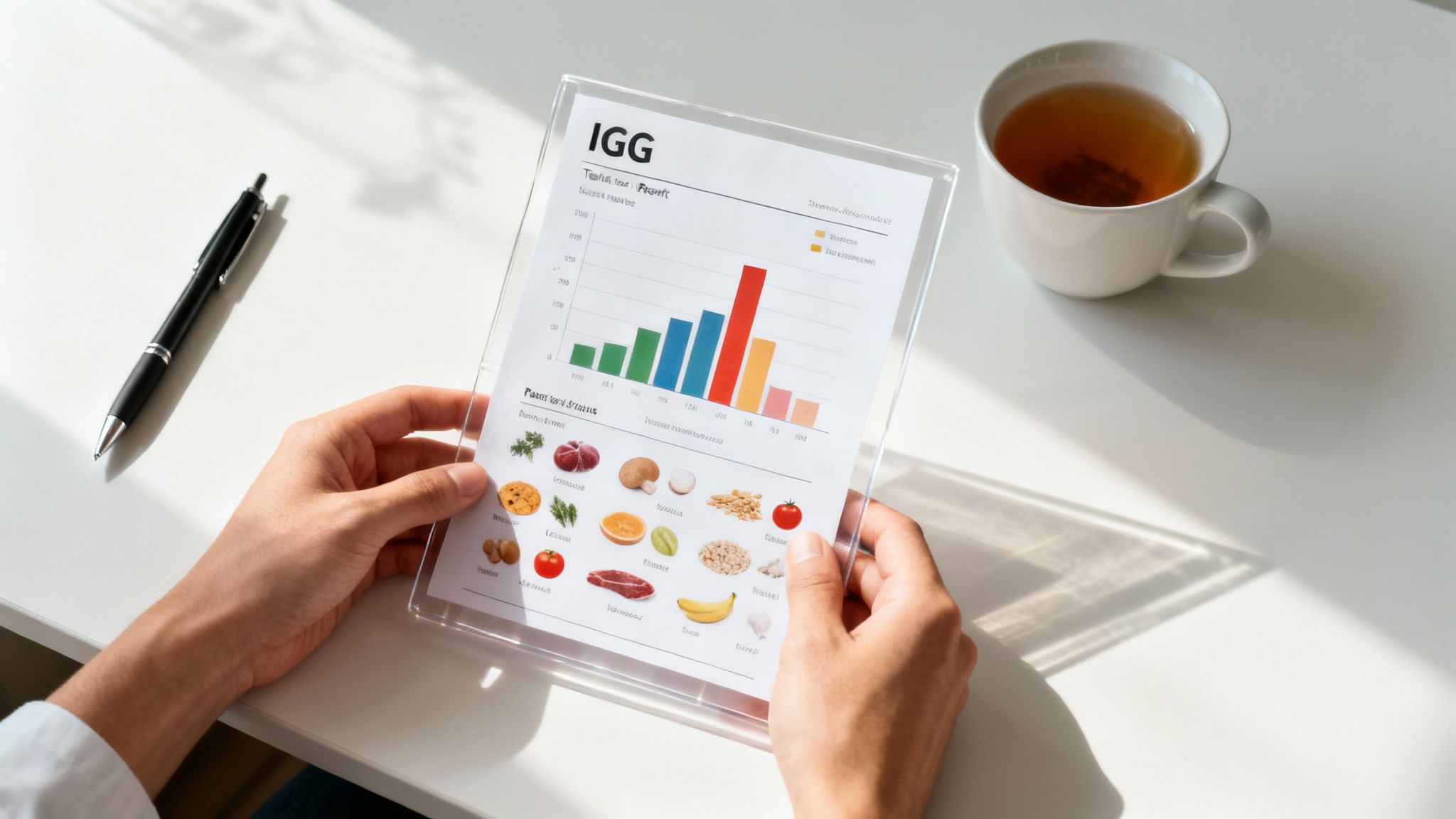 Nahaufnahme von Händen, die ein IGG-Unverträglichkeitstestdokument mit Lebensmitteln und Diagrammen halten.