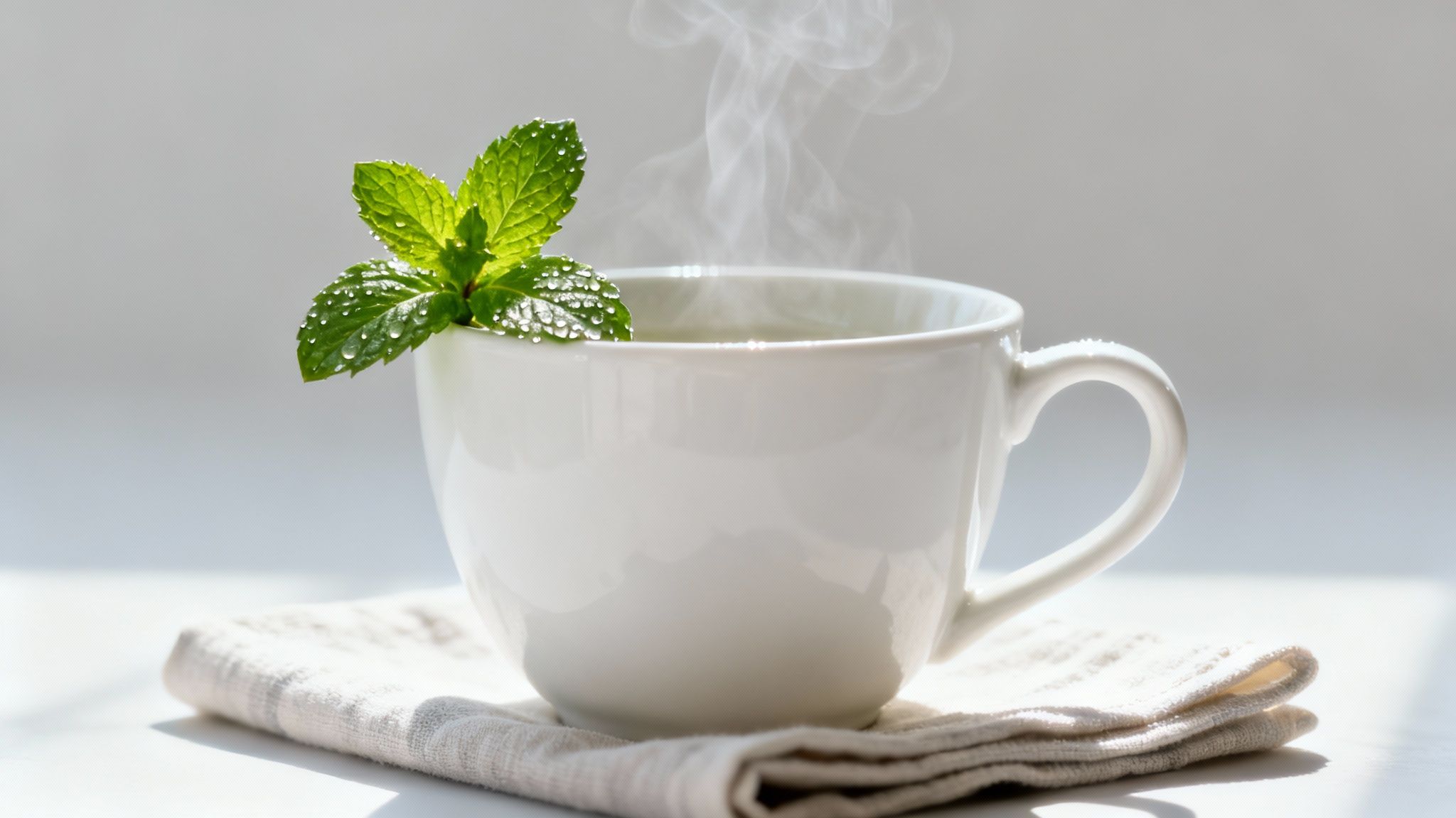 Eine weiße Tasse dampfender Minztee mit frischem Minzzweig und Wassertropfen auf einer Serviette.