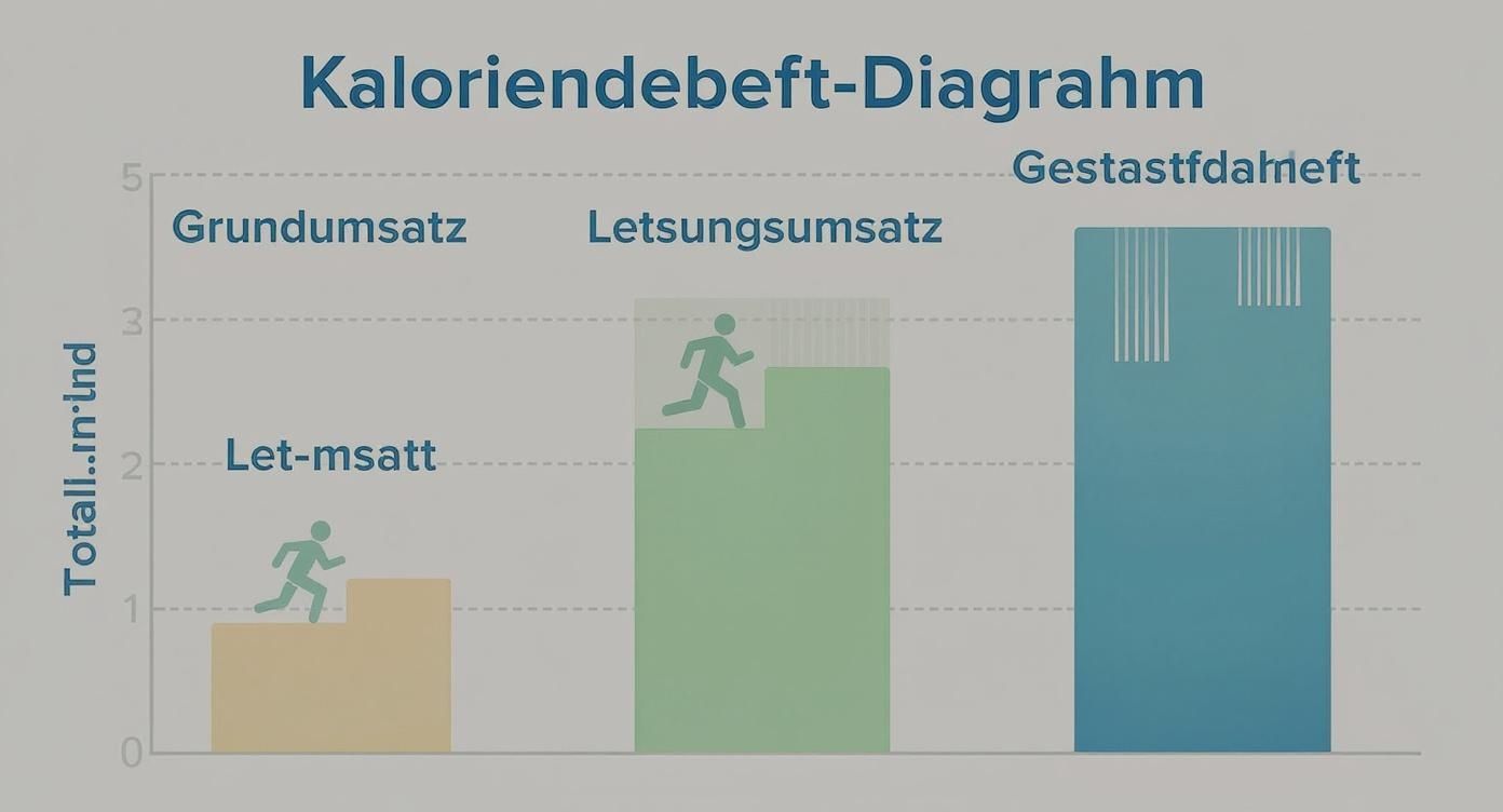 Kaloriendebett-Diagramm zeigt Grundumsatz, Leistungsumsatz und Gesamttagesbedarf als Balken mit Läufer-Symbolen