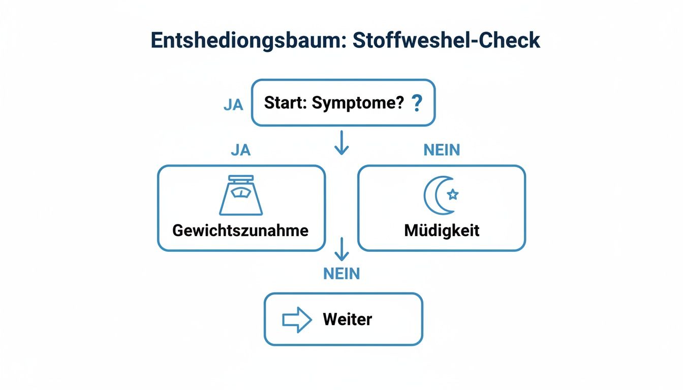 Entscheidungsbaum für den Stoffwechsel-Check mit Fragen zu Symptomen, Gewichtszunahme und Müdigkeit.