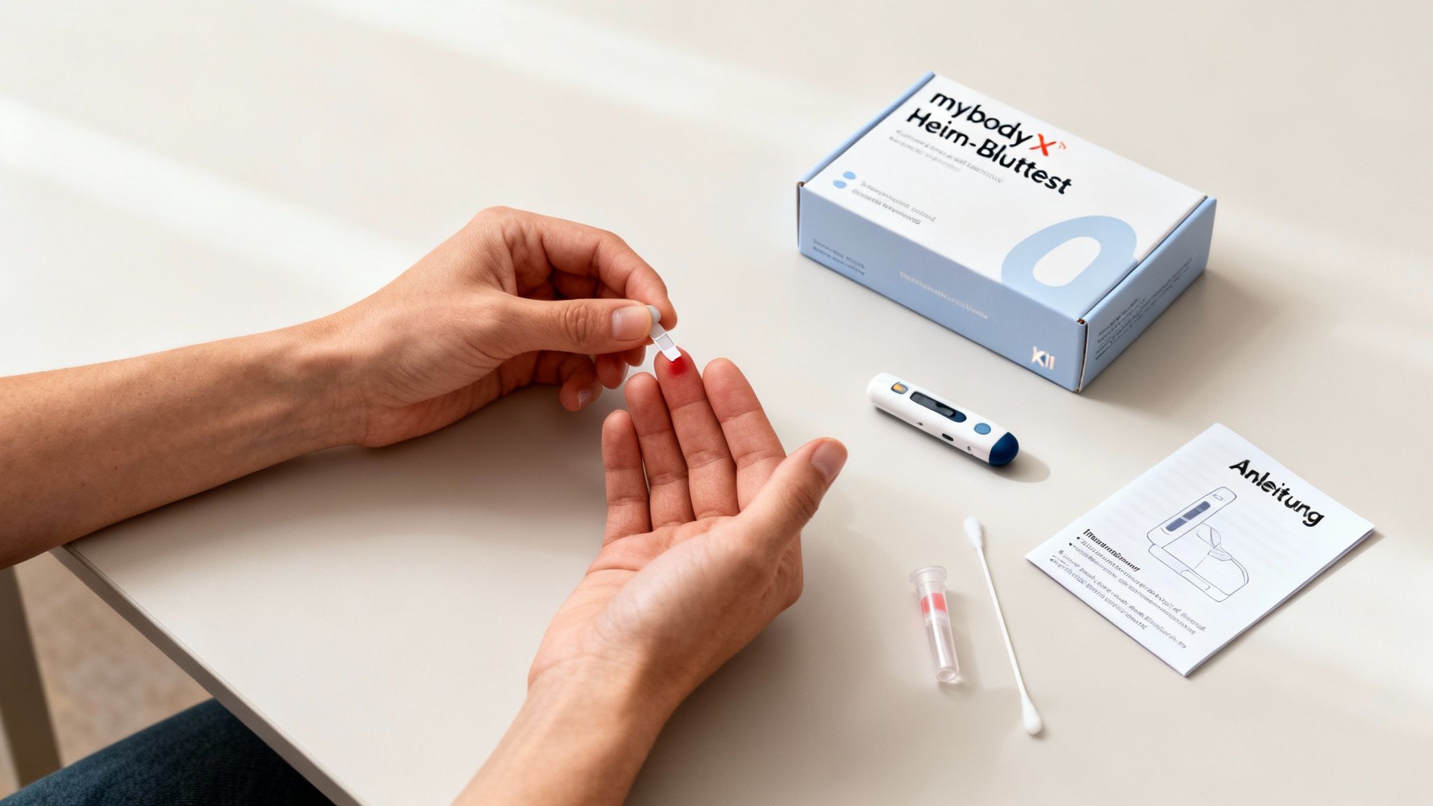 Eine Person führt einen mybodyX Heim-Bluttest durch, mit Blut auf dem Finger und Testzubehör.