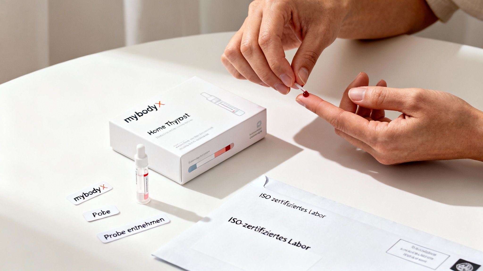 Eine Person entnimmt eine Blutprobe vom Finger mit einem mybodyX Home Thyrost Testkit auf einem weißen Tisch.
