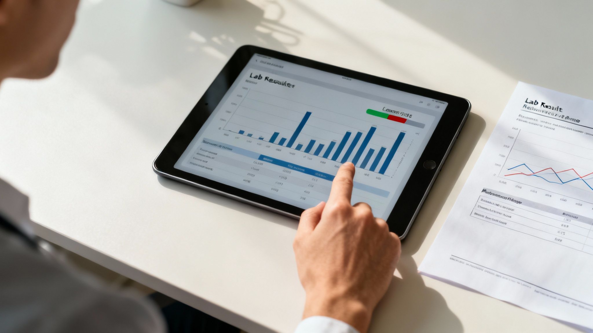 Person analysiert Laborergebnisse auf Tablet mit Balkendiagrammen und medizinischen Daten auf dem Bildschirm