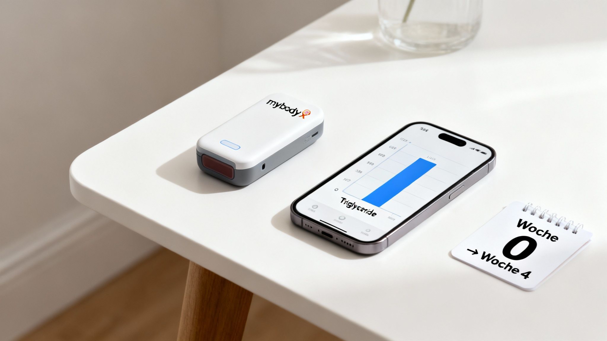 Ein mybody x Gerät, ein iPhone mit Triglycerid-Diagramm und ein Notizbuch zur Wochenübersicht auf einem Tisch.