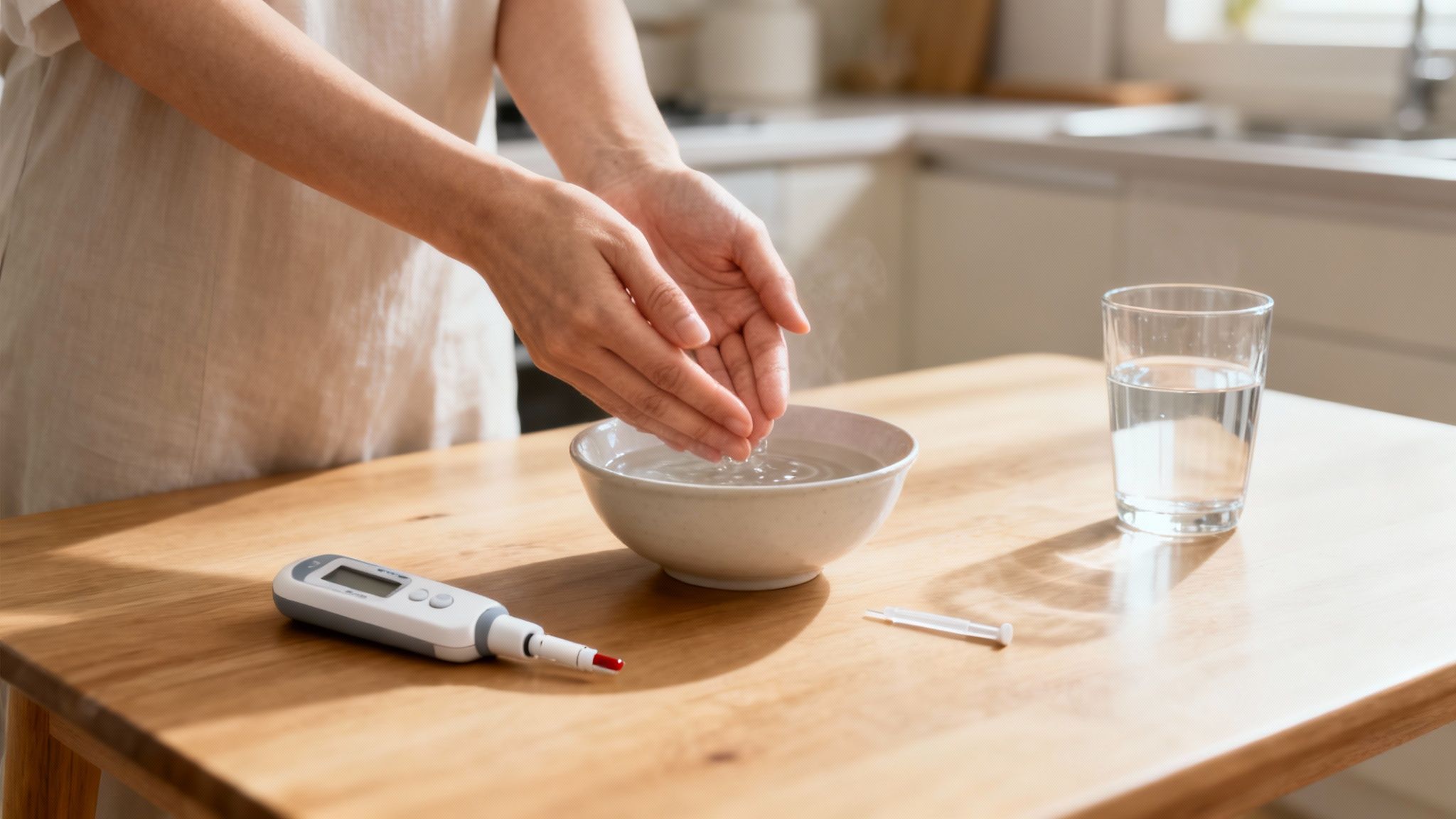Eine Person taucht Hände in eine Schüssel mit warmem Wasser, ein Messgerät liegt auf dem Küchentisch.