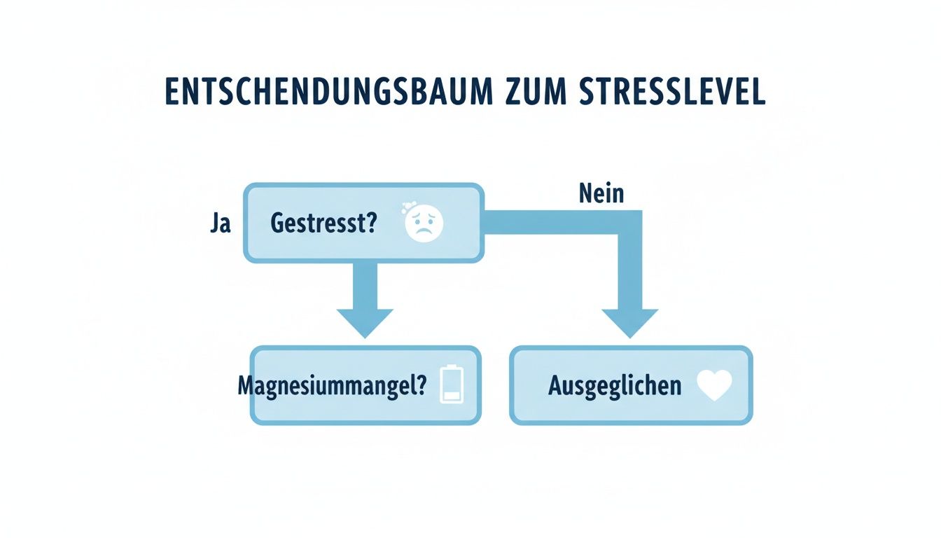 Ein Entscheidungsbaum zum Stresslevel. Er fragt zuerst, ob man gestresst ist, um dann auf Magnesiummangel oder Ausgeglichenheit hinzuweisen.
