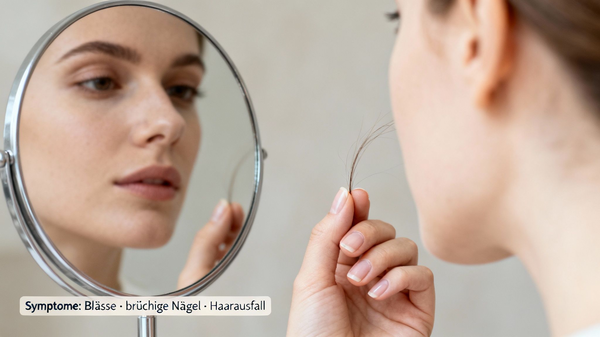 Eine Frau blickt in einen Spiegel und hält eine Haarsträhne in der Hand, die auf Haarausfall hindeutet.