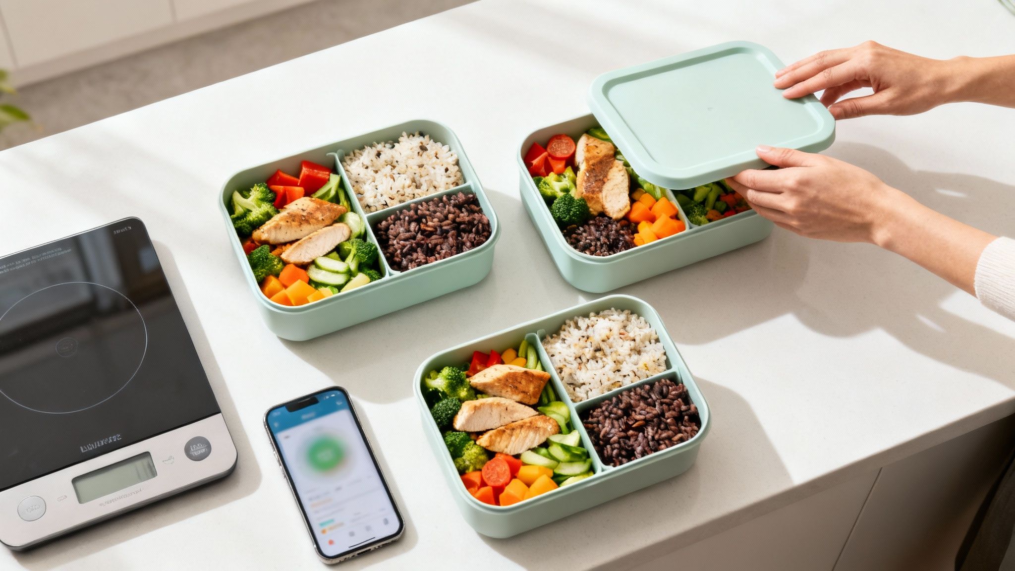 Three light green meal-prep boxes containing chicken, rice and vegetables are on a kitchen counter; one is closed.