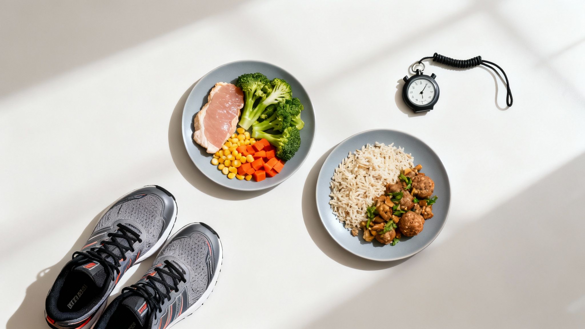 Fitness-Setup mit Laufschuhen, gesunden Mahlzeiten und Stoppuhr auf weißem Hintergrund.