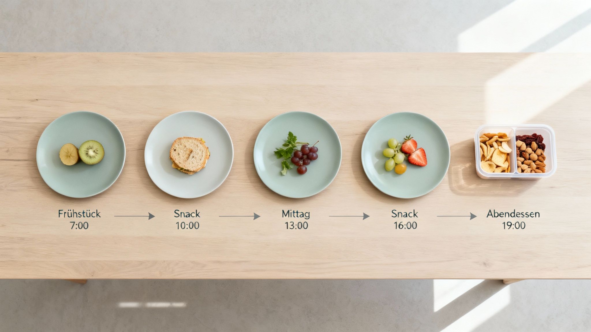 Ein gesunder Tagesplan mit fünf Mahlzeiten, von Frühstück bis Abendessen, auf einem Holztisch dargestellt.
