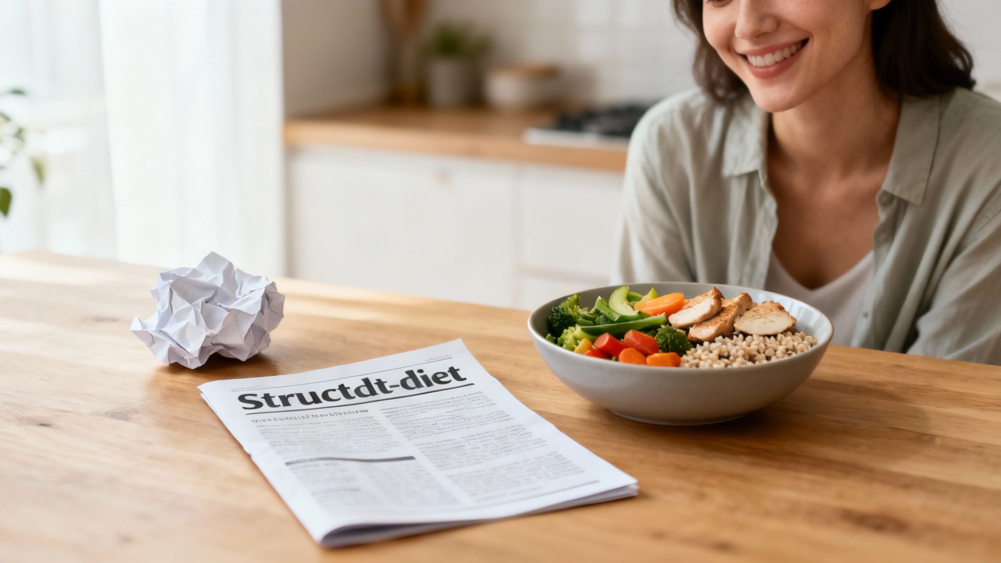 Eine Frau lacht glücklich, während sie einen gesunden Salat zubereitet, was den Fokus auf nachhaltige Ernährungsumstellung statt auf restriktive Diäten symbolisiert.
