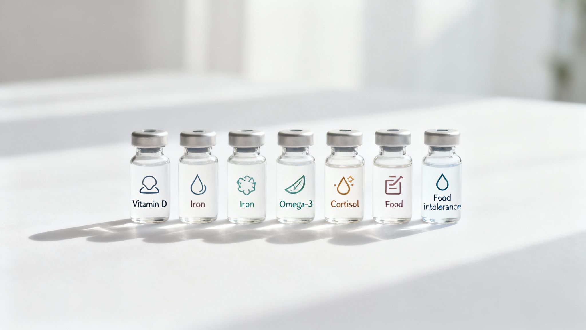 Sieben Glasfläschchen mit Etiketten für medizinische Labortests: Vitamin D, Eisen, Omega-3, Cortisol und Nahrungsmittelunverträglichkeit