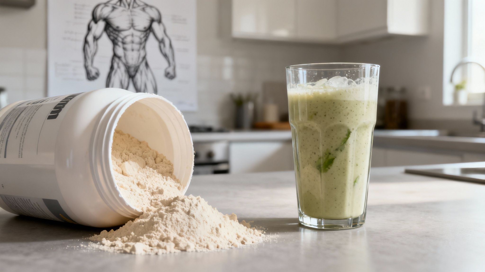 Frau bereitet einen gesunden Proteinshake in der Küche zu, um ihre Abnehmziele zu unterstützen.