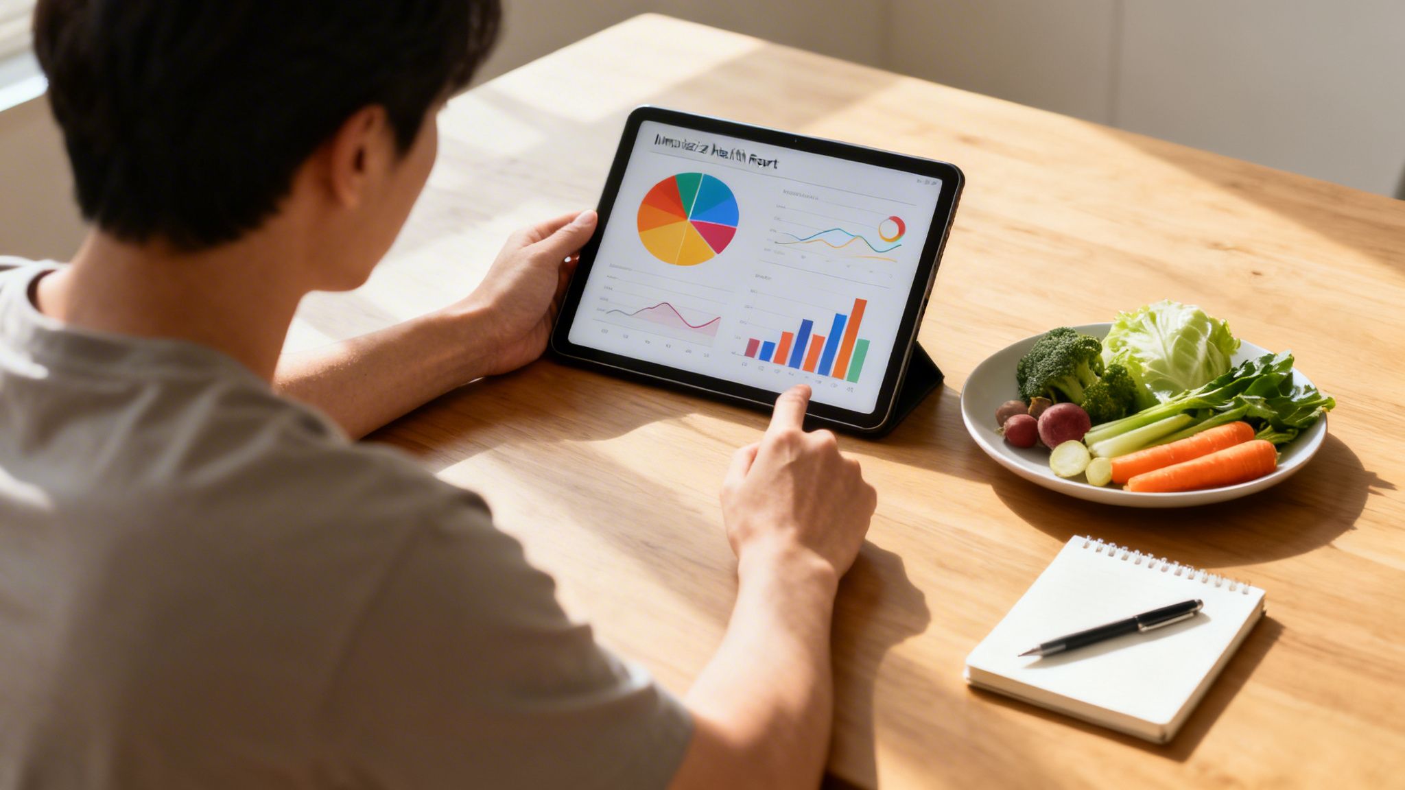 Junger Mann prüft auf einem Tablet Gesundheitsdaten, daneben liegt frisches Gemüse für eine gesunde Ernährung.