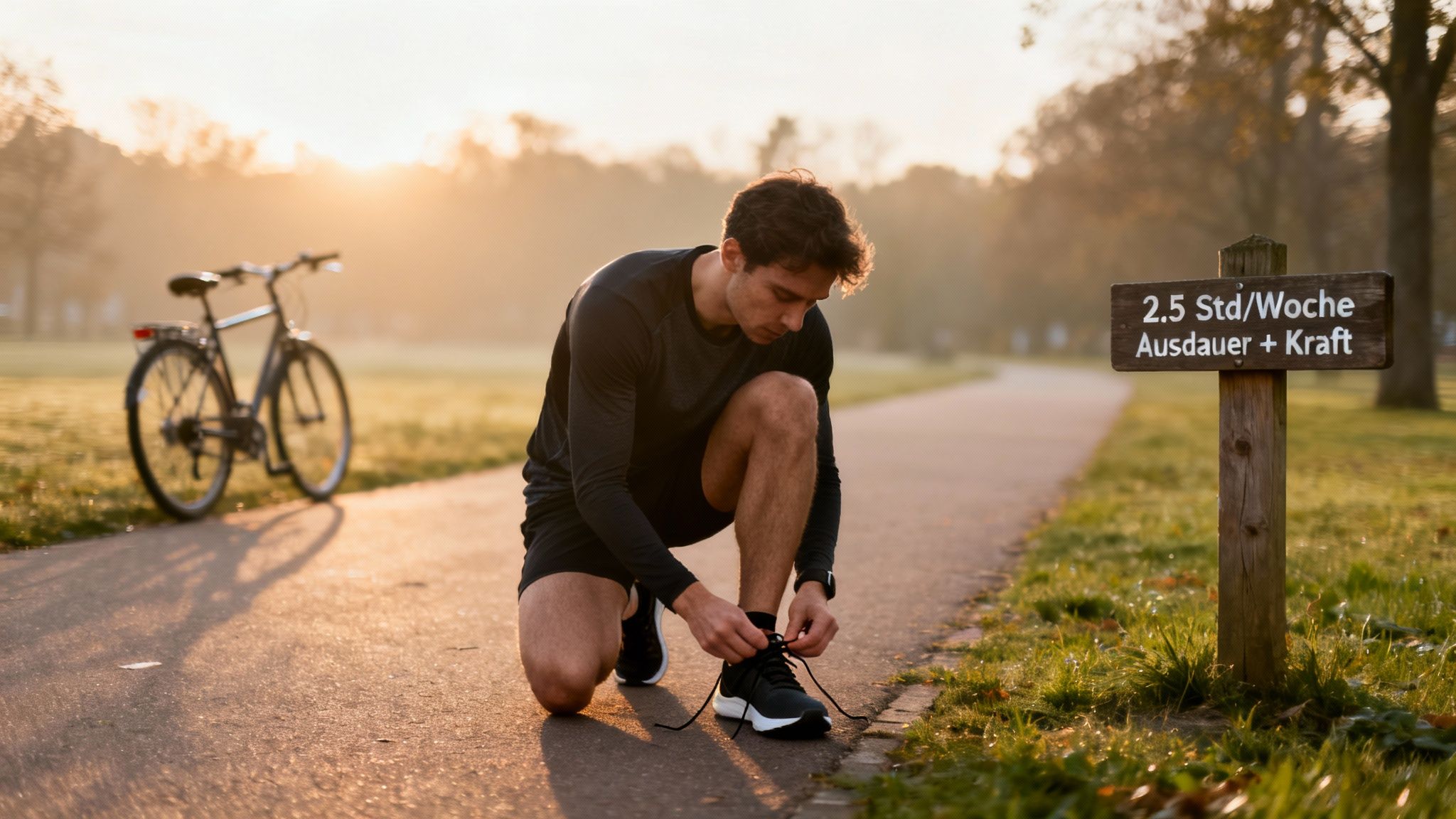 Mann in Sportkleidung bindet Schnürsenkel auf Parkweg im Sonnenlicht, bereit zum Sport.