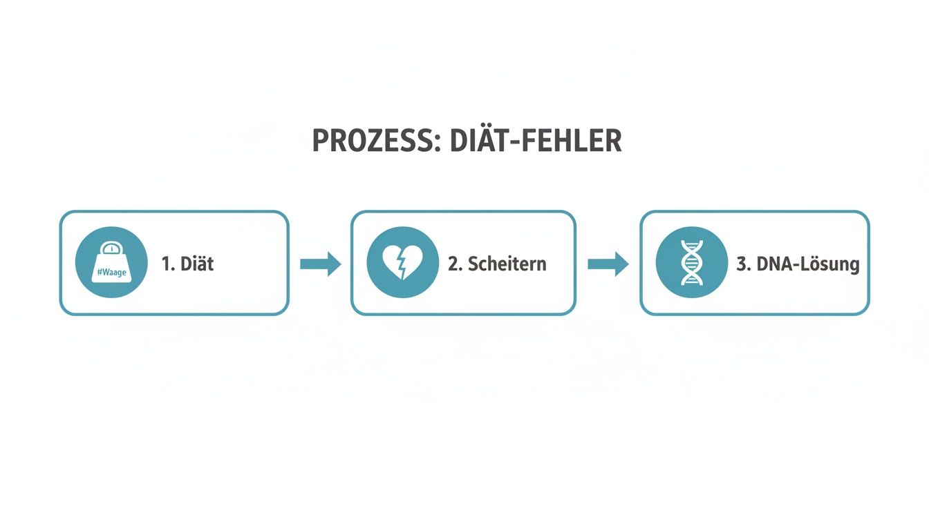 The process diagram shows the path from diet attempts through failure to the DNA solution for sustainable weight loss.