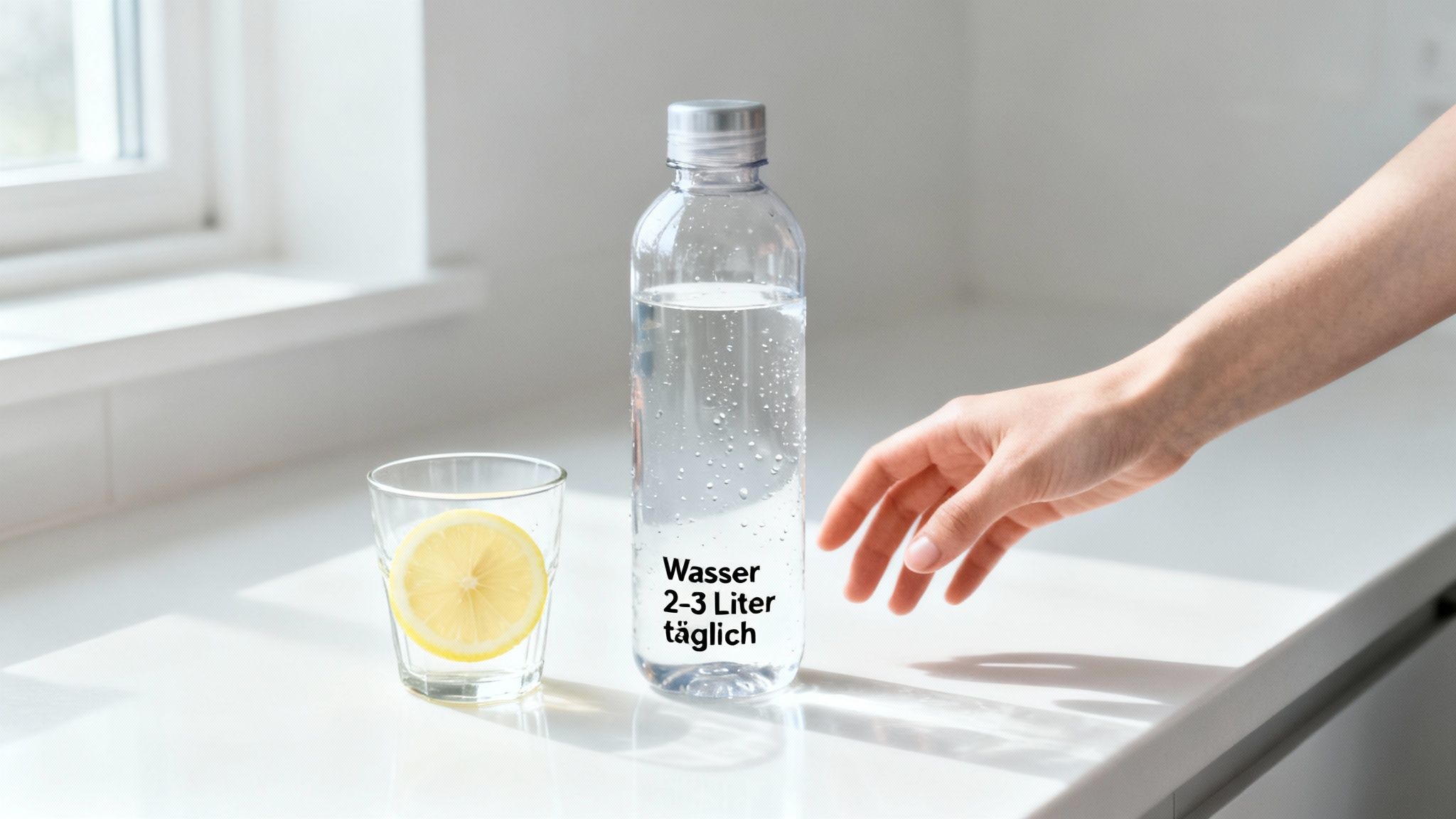 Eine Hand greift nach einer Wasserflasche neben einem Glas mit Zitrone auf einer hellen Theke. Text: 2-3 Liter täglich.