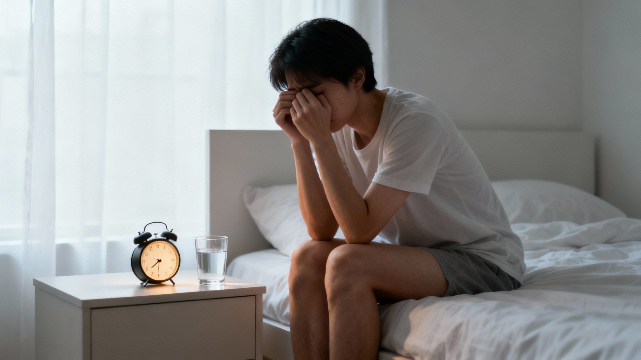 Eine müde Frau liegt auf ihrem Bett, was die Auswirkungen von Schlafmangel auf das Wohlbefinden symbolisiert.