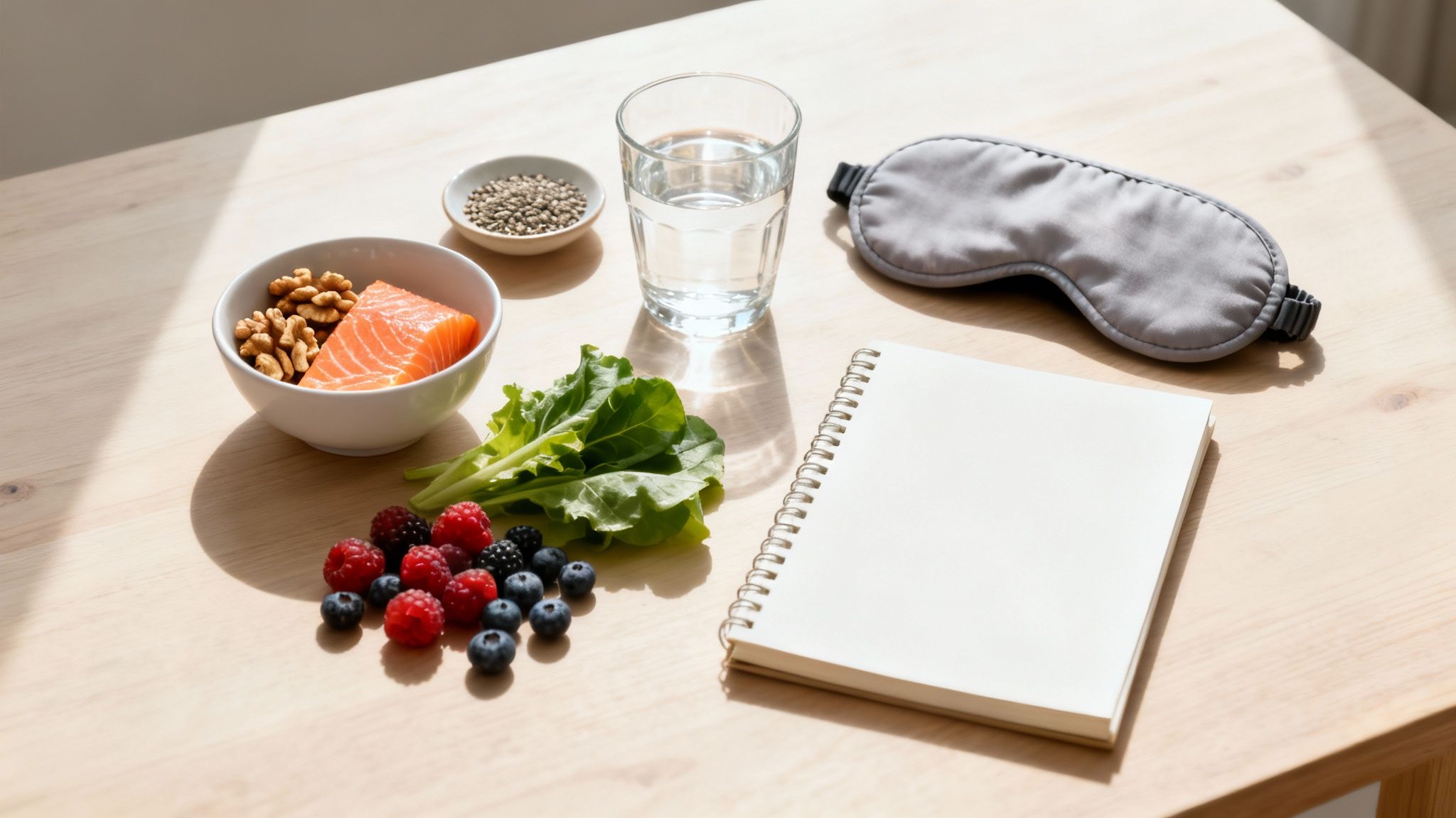 Un pasto salutare a base di salmone, noci, frutti di bosco e verdure fresche, accompagnato da acqua, una mascherina per dormire e un quaderno, il tutto su un tavolo di legno.