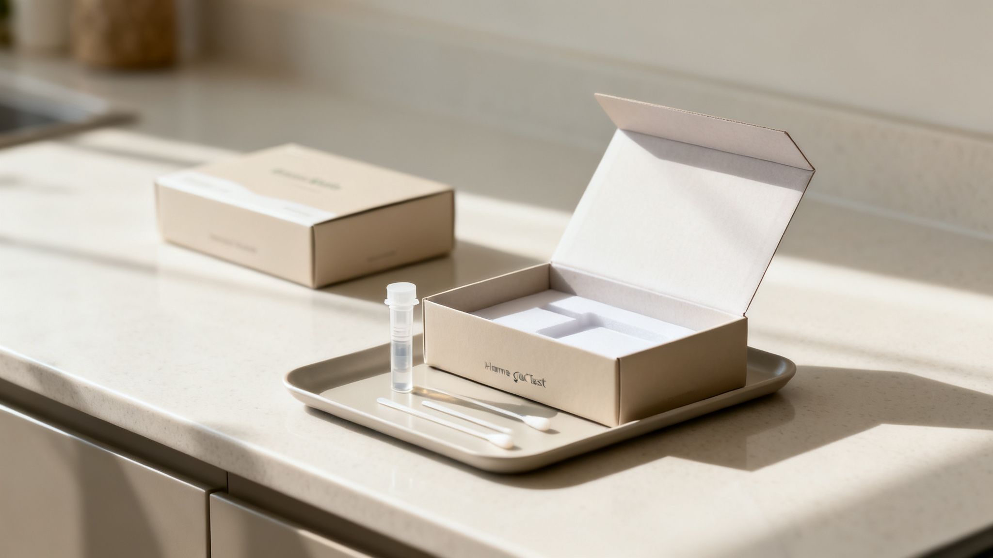 Un kit per il test intestinale domiciliare, pronto all'uso, è appoggiato su un piano di lavoro della cucina, esposto alla luce del sole.